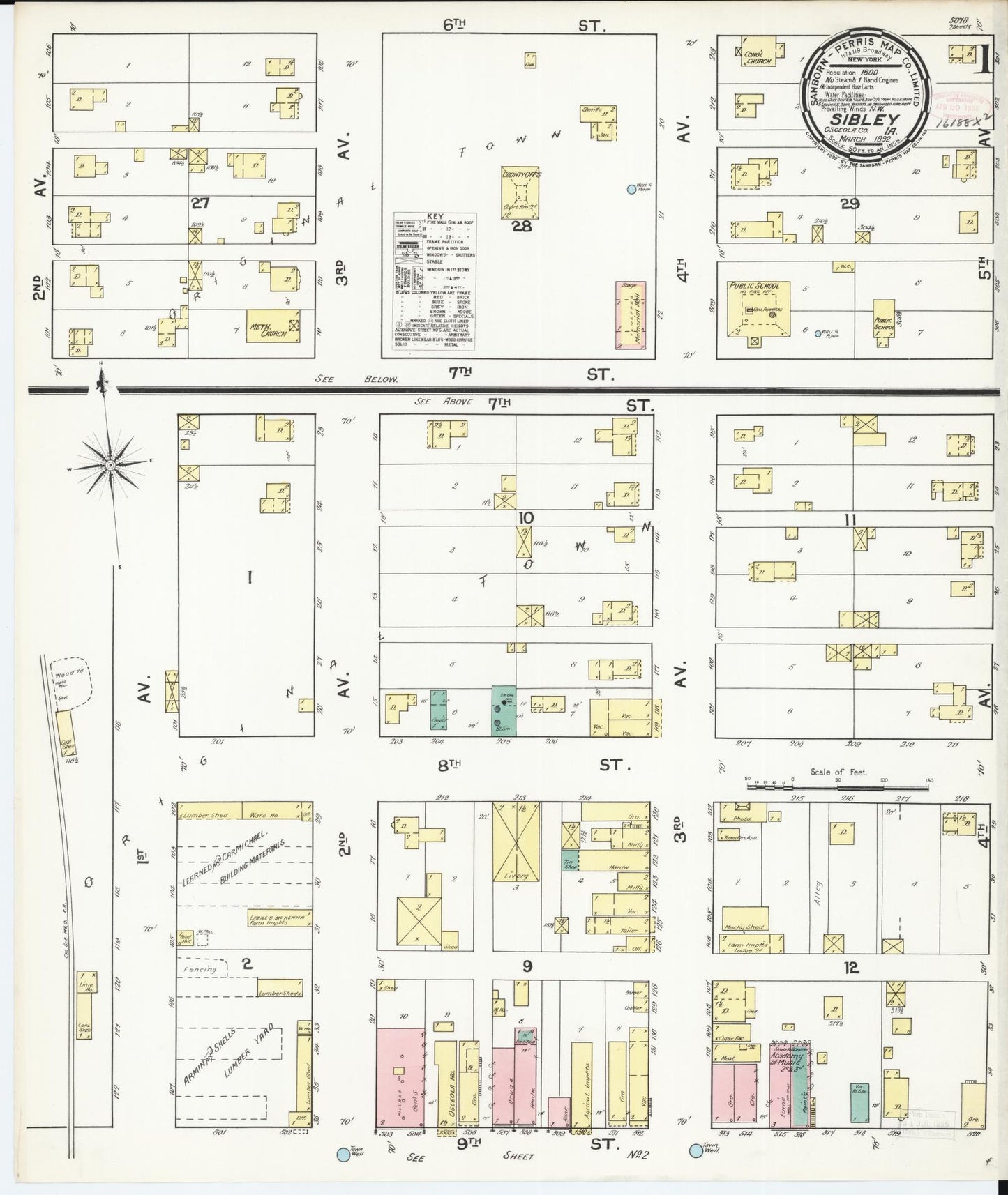 Sanborn Fire Insurance Map from Sibley, Osceola County, Iowa (1892), Sheet #0001 - Historic Sanborn Fire Insurance Map Print, vintage old map wall art
