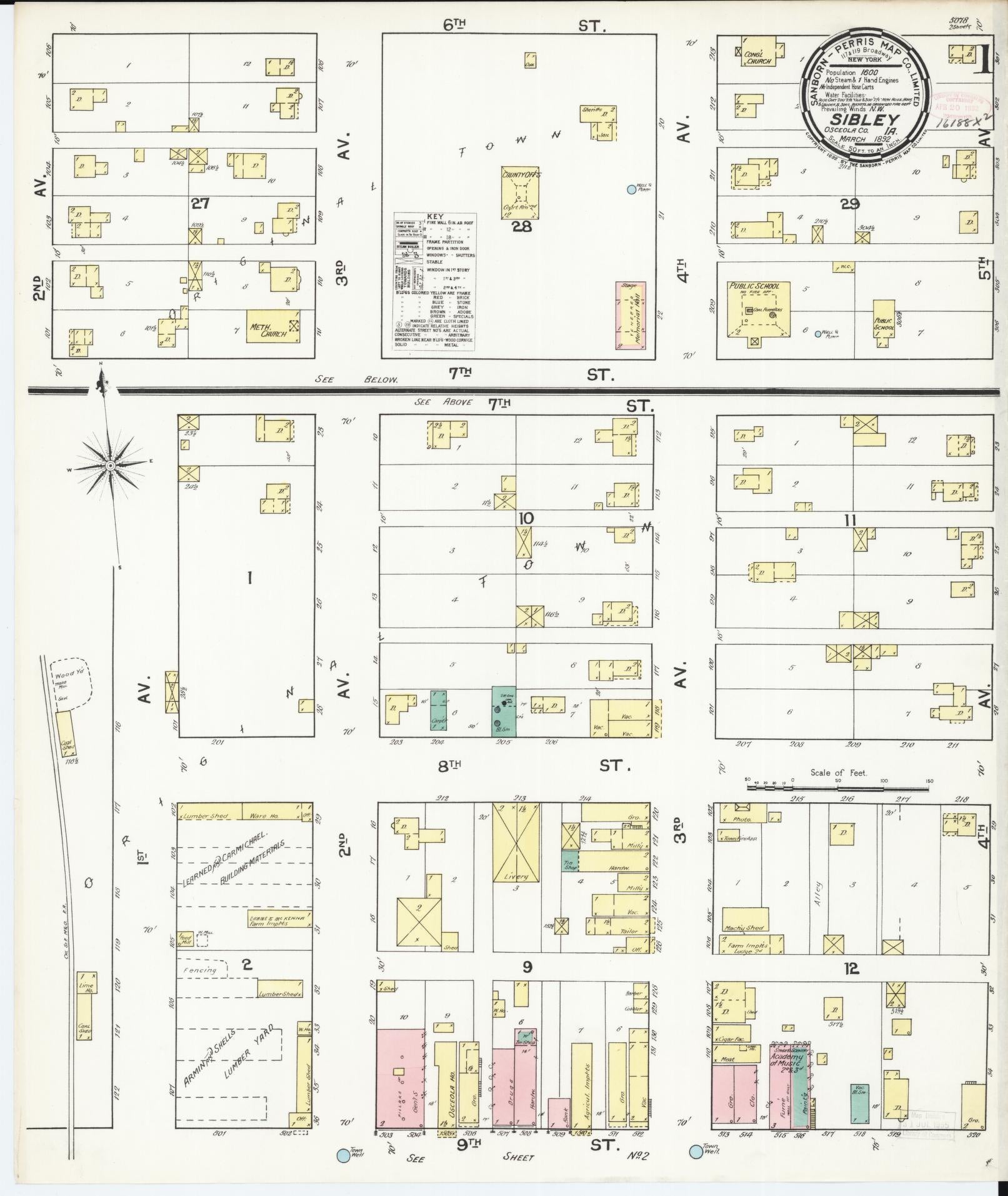 Sanborn Fire Insurance Map from Sibley, Osceola County, Iowa (1892), Sheet #0001 - Historic Sanborn Fire Insurance Map Print, vintage old map wall art