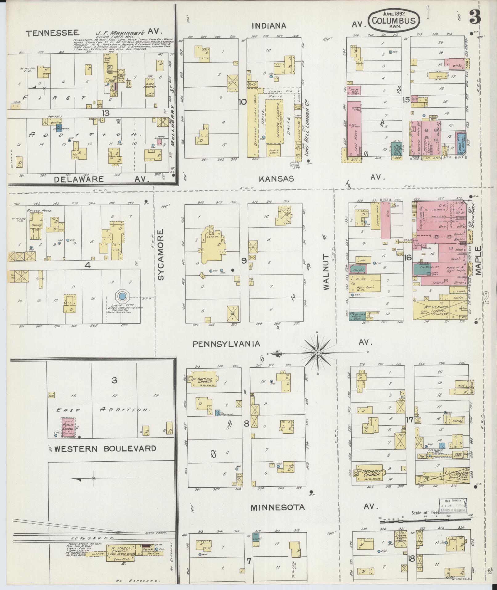 Sanborn Fire Insurance Map from Columbus, Cherokee County, Kansas (1892), Sheet #0003 - Historic Sanborn Fire Insurance Map Print, vintage old map wall art, antique decor, genealogy gift, Kansas Kansas map
