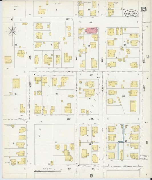 Sanborn Fire Insurance Map from Meridian, Lauderdale County, Mississippi (1902), Sheet #0013 - Historic Sanborn Fire Insurance Map Print, vintage old map wall art, antique decor, genealogy gift, Mississippi Mississippi map