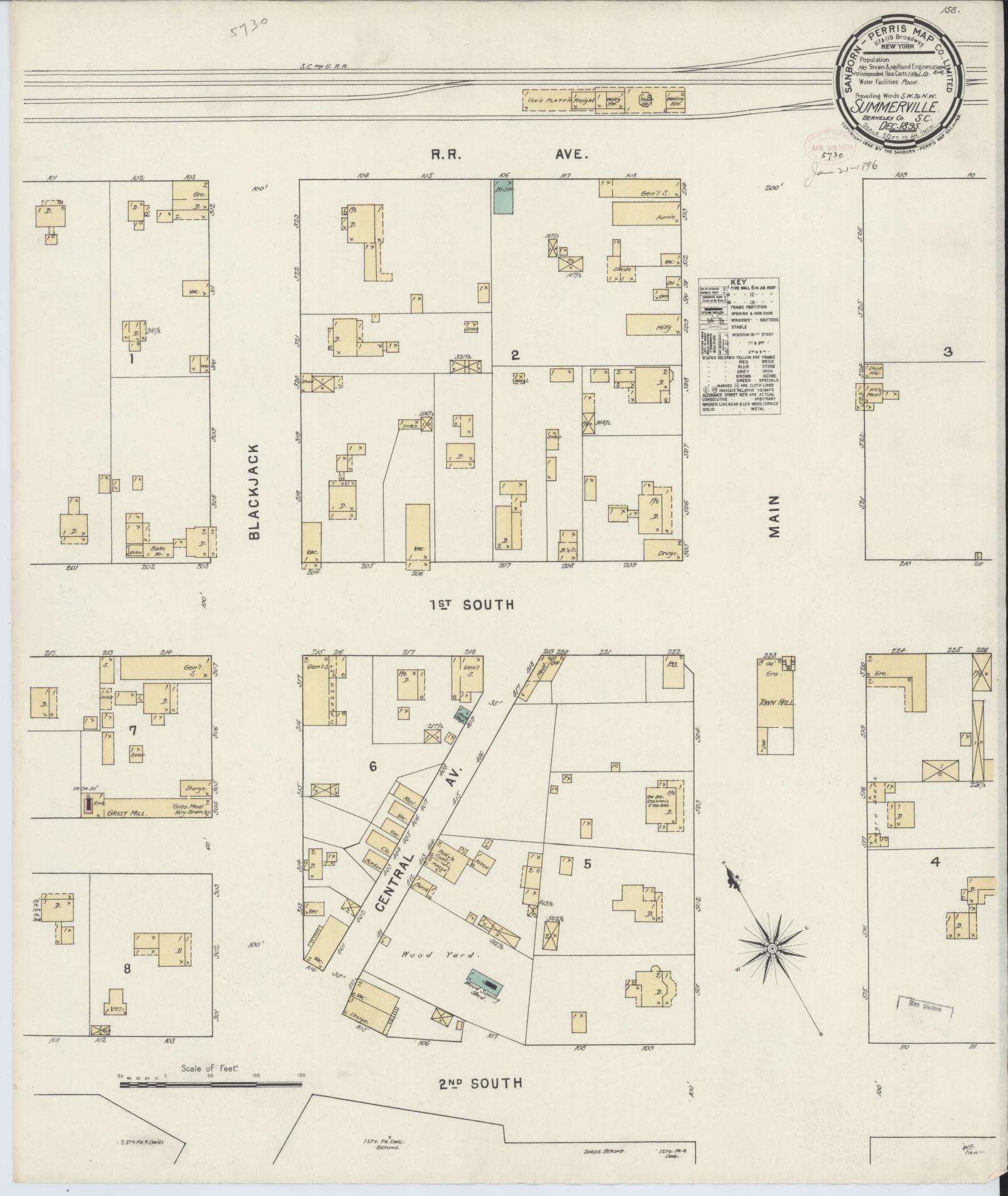 Sanborn Fire Insurance Map from Summerville, Dorchester County, South Carolina (1895), Sheet #0001 - Historic Sanborn Fire Insurance Map Print, vintage old map wall art, antique decor, genealogy gift, South Carolina South Carolina map