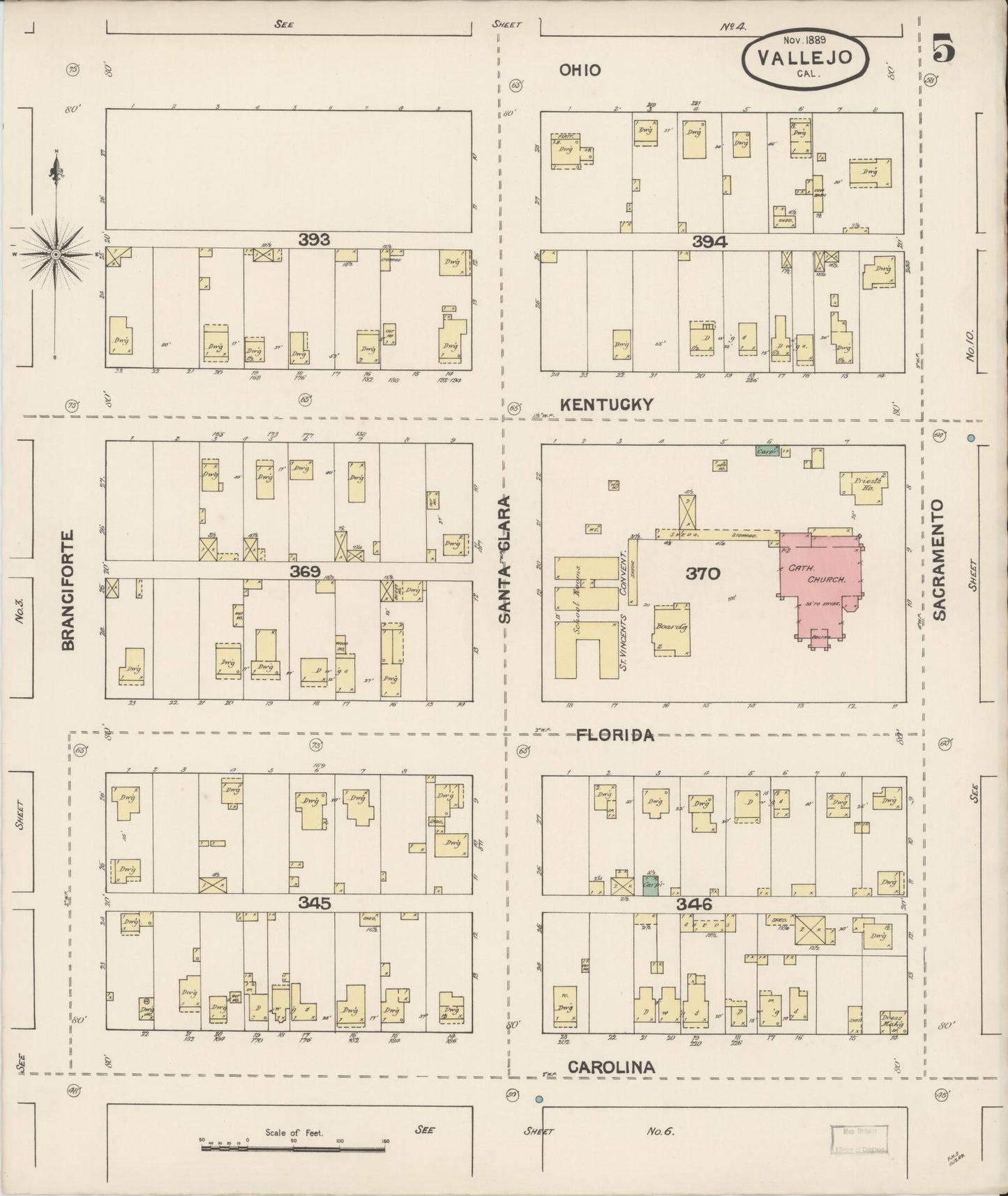 Sanborn Fire Insurance Map from Vallejo, Solano County, California (1889), Sheet #0005 - Complete Map Set gallery image, historic Sanborn map, vintage wall art, California California