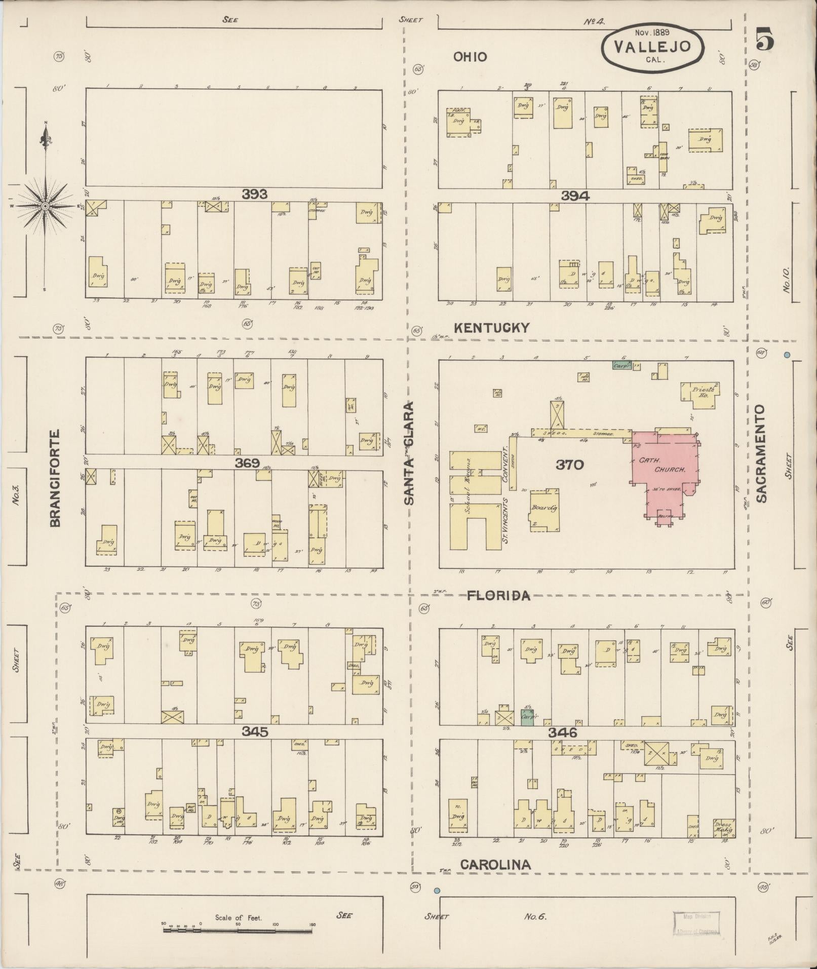 Sanborn Fire Insurance Map from Vallejo, Solano County, California (1889), Sheet #0005 - Complete Map Set gallery image, historic Sanborn map, vintage wall art, California California