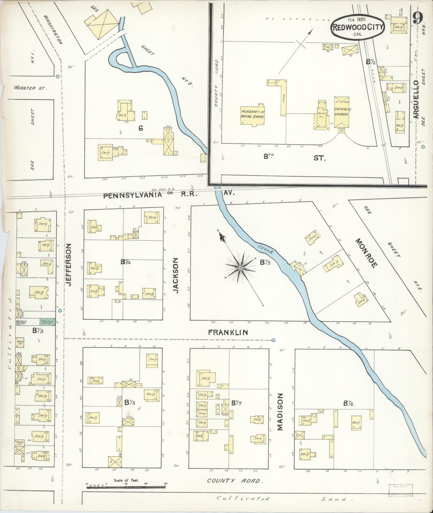 Sanborn Fire Insurance Map from Redwood City, San Mateo County, California (1891), Sheet #0009 - Complete Map Set gallery image, historic Sanborn map, vintage wall art, California California