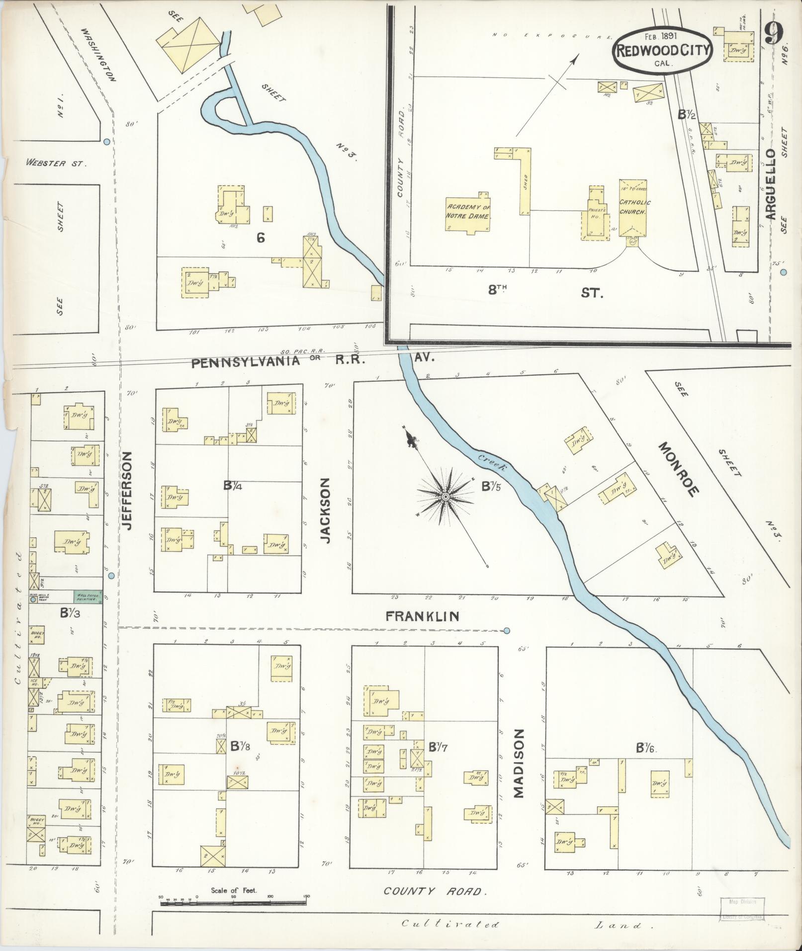 Sanborn Fire Insurance Map from Redwood City, San Mateo County, California (1891), Sheet #0009 - Complete Map Set gallery image, historic Sanborn map, vintage wall art, California California