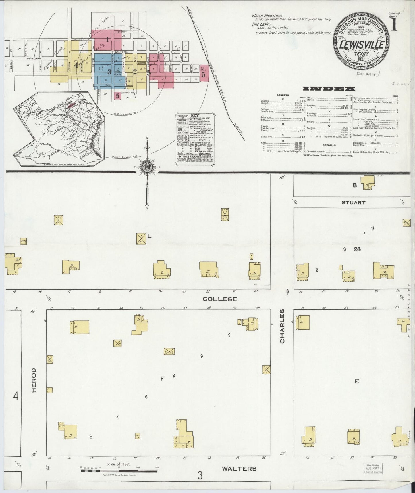 Sanborn Fire Insurance Map from Lewisville, Denton County, Texas (1921), Sheet #0001 - Complete Map Set gallery image, historic Sanborn map, vintage wall art, Texas Texas
