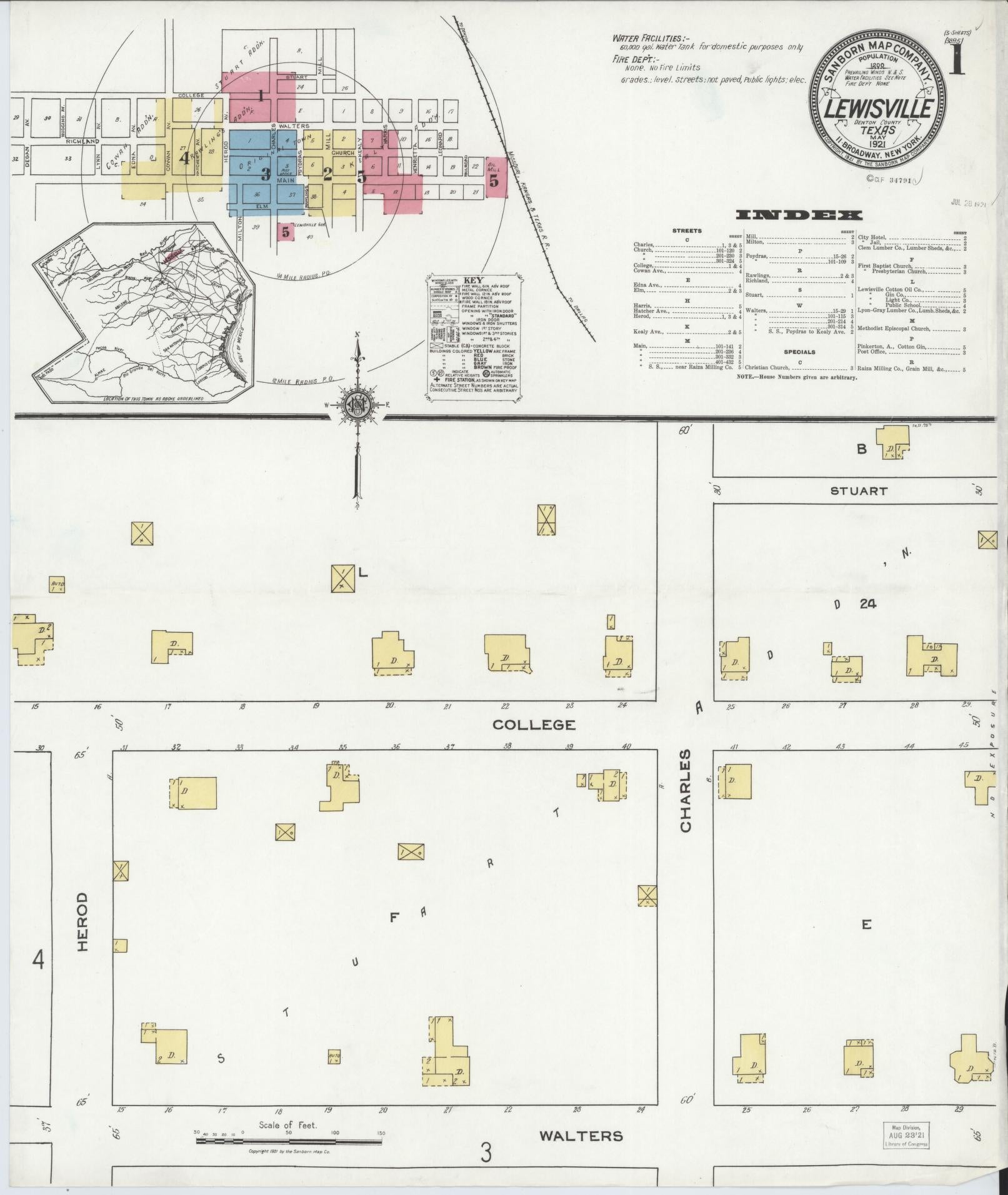 Sanborn Fire Insurance Map from Lewisville, Denton County, Texas (1921), Sheet #0001 - Complete Map Set gallery image, historic Sanborn map, vintage wall art, Texas Texas