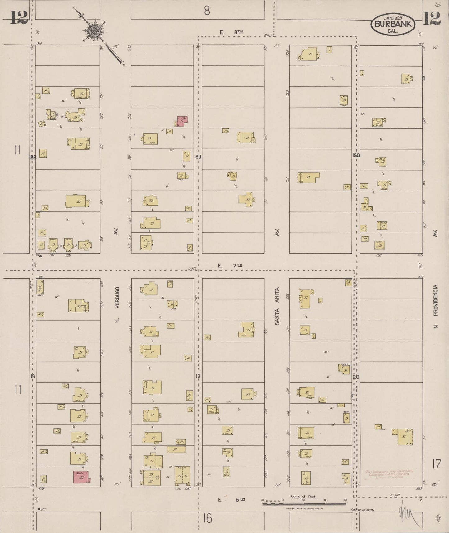 Sanborn Fire Insurance Map from Burbank, Los Angeles County, California (1923), Sheet #0012 - Historic Sanborn Fire Insurance Map Print, vintage old map wall art, antique decor, genealogy gift, California California map