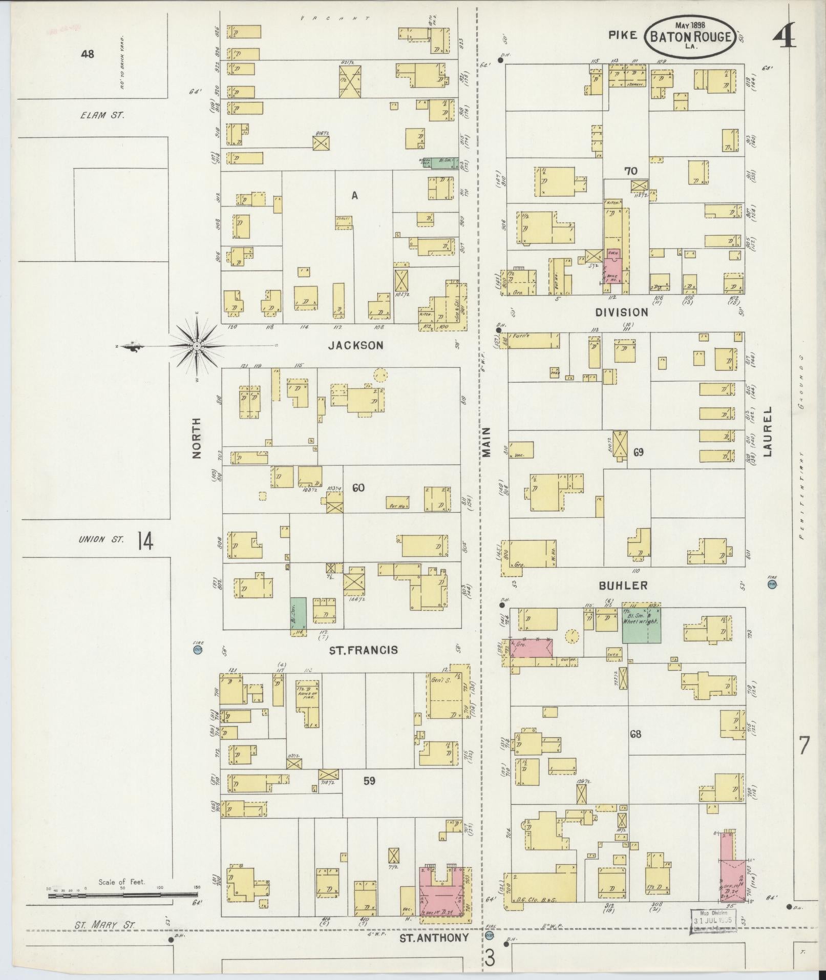 Sanborn Fire Insurance Map from Baton Rouge, East Baton Rouge Parish, Louisiana (1898), Sheet #0004 - Historic Sanborn Fire Insurance Map Print, vintage old map wall art, antique decor, genealogy gift, Louisiana Louisiana map