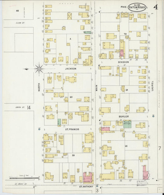 Sanborn Fire Insurance Map from Baton Rouge, East Baton Rouge Parish, Louisiana (1898), Sheet #0004 - Historic Sanborn Fire Insurance Map Print, vintage old map wall art, antique decor, genealogy gift, Louisiana Louisiana map