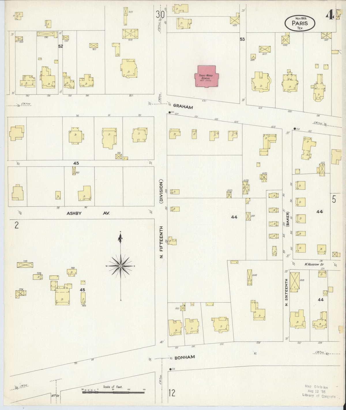 Sanborn Fire Insurance Map from Paris, Lamar County, Texas (1908), Sheet #0004 - Complete Map Set gallery image, historic Sanborn map, vintage wall art, Texas Texas