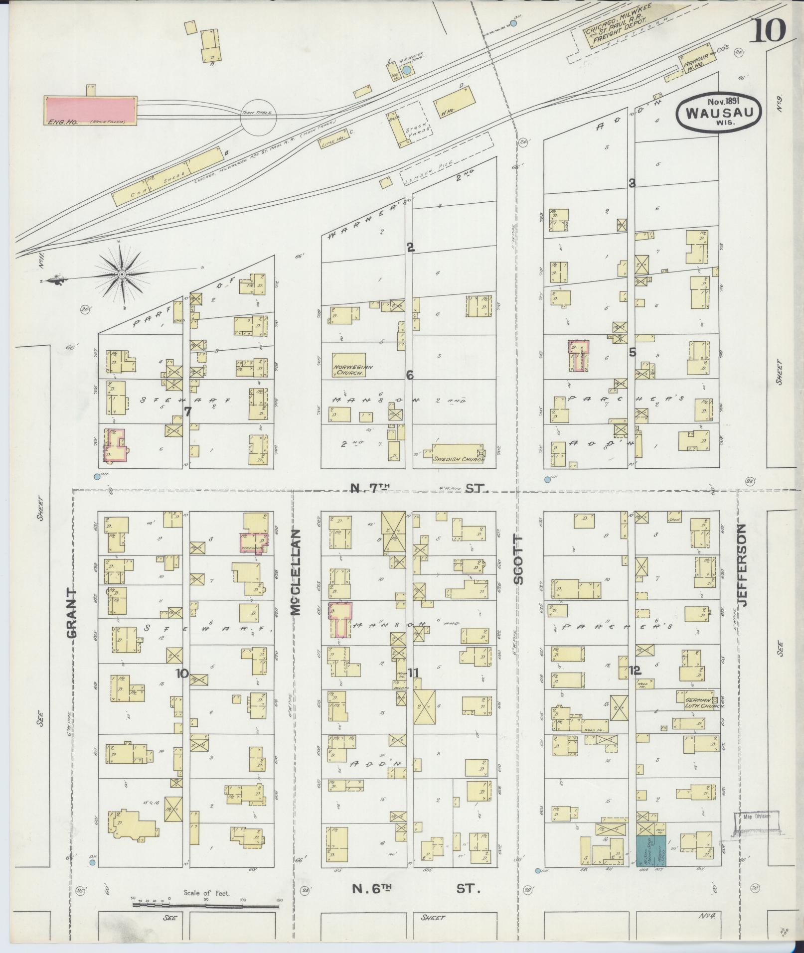 Sanborn Fire Insurance Map from Wausau, Marathon County, Wisconsin (1891), Sheet #0010 - Complete Map Set gallery image, historic Sanborn map, vintage wall art, Wisconsin Wisconsin