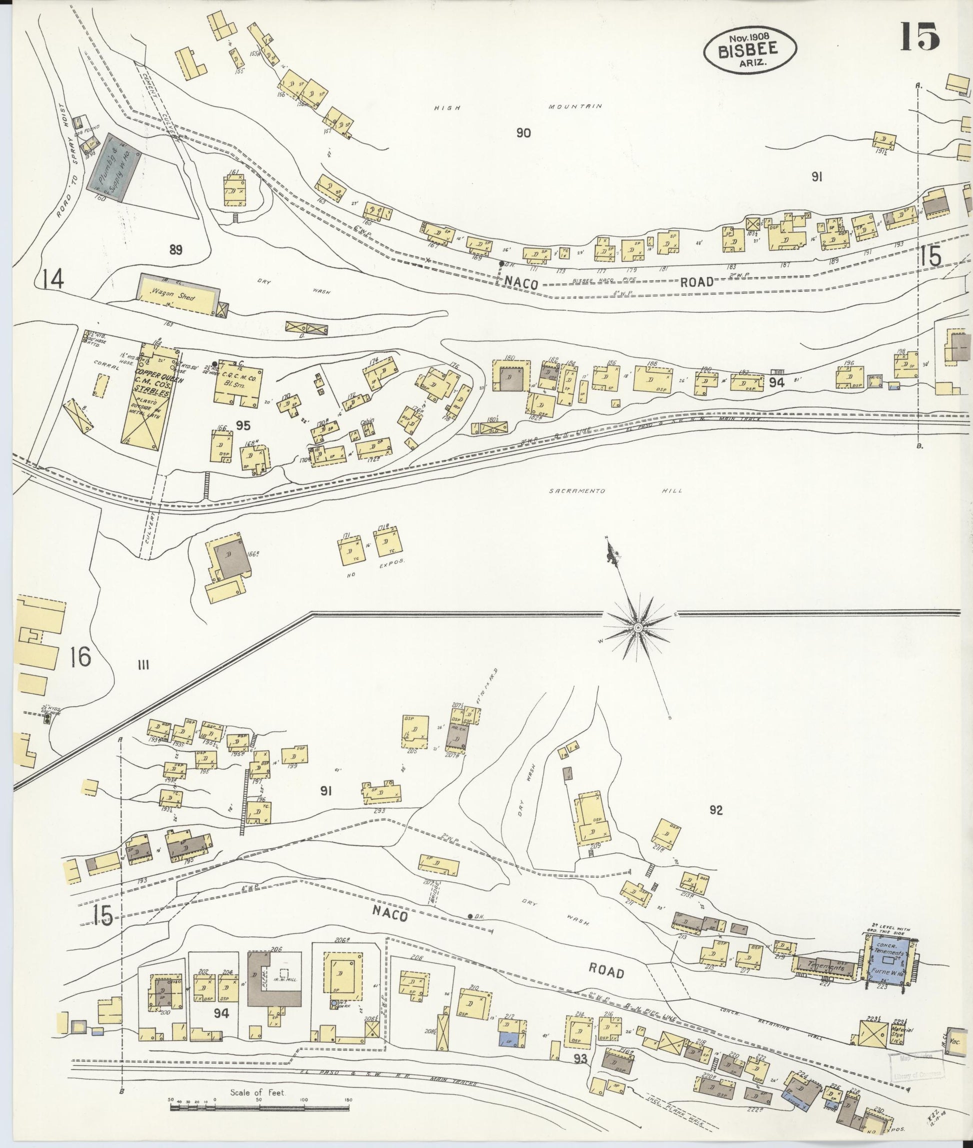 Sanborn Fire Insurance Map from Bisbee, Cochise County, Arizona (1908), Sheet #0015 - Historic Sanborn Fire Insurance Map Print, vintage old map wall art, antique decor, genealogy gift, Arizona Arizona map