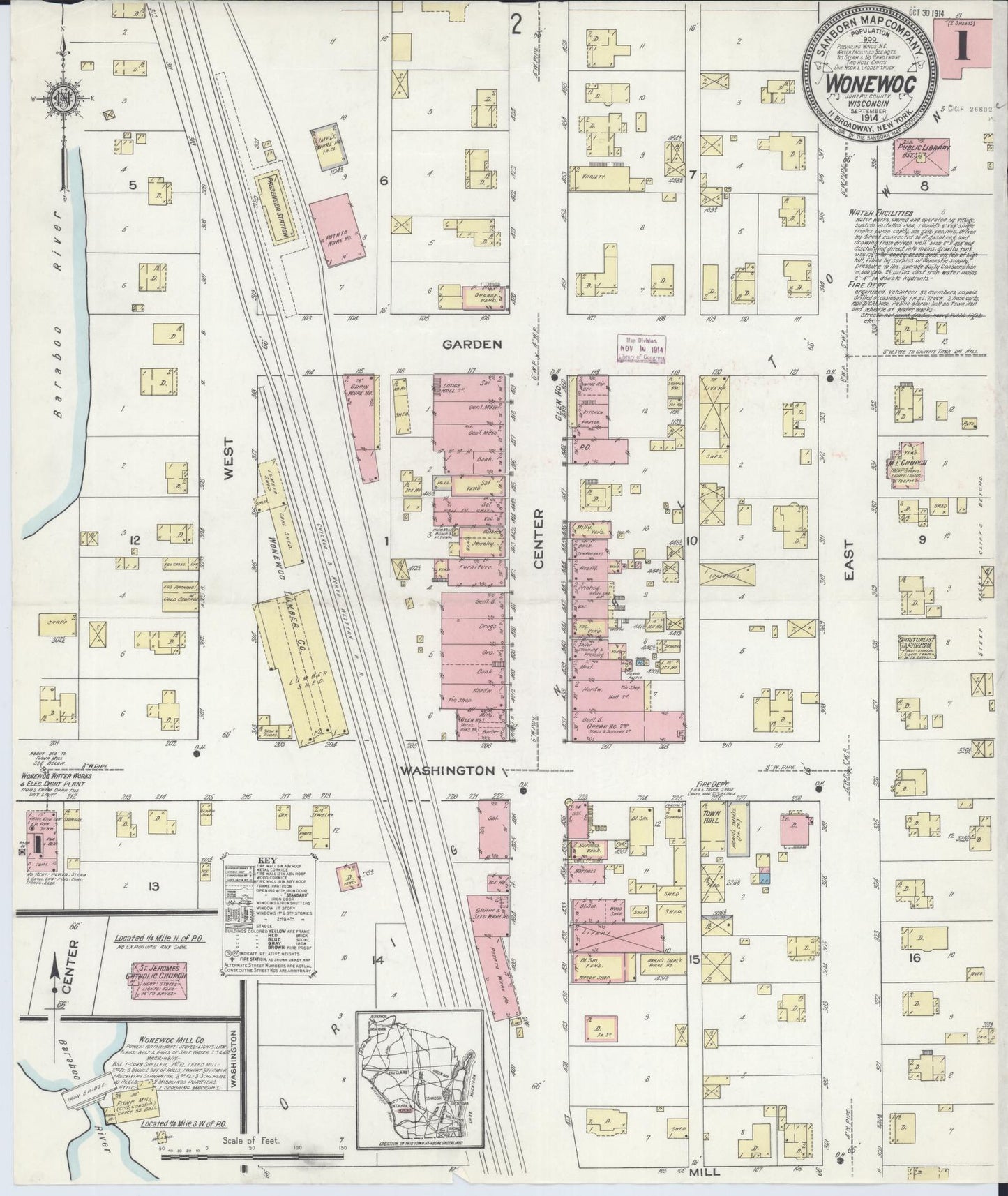 Sanborn Fire Insurance Map from Wonewoc, Juneau County, Wisconsin (1914), Sheet #0001 - Historic Sanborn Fire Insurance Map Print, vintage old map wall art, antique decor, genealogy gift, Wisconsin Wisconsin map