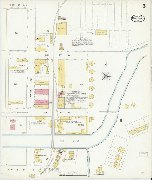 Sanborn Fire Insurance Map from Pulaski, Pulaski County, Virginia (1908), Sheet #0005 - Historic Sanborn Fire Insurance Map Print, vintage old map wall art, antique decor, genealogy gift, Virginia Virginia map