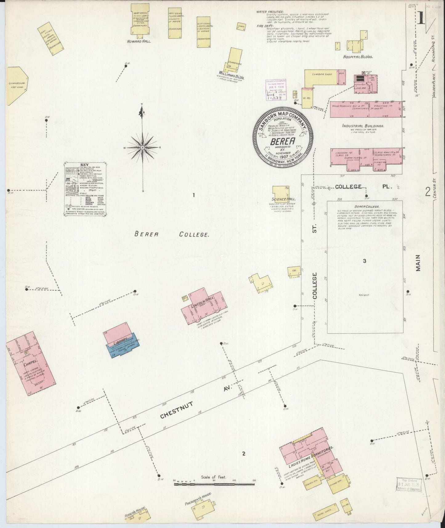 Sanborn Fire Insurance Map from Berea, Madison County, Kentucky (1907), Sheet #0001 - Complete Map Set gallery image, historic Sanborn map, vintage wall art, Kentucky Kentucky