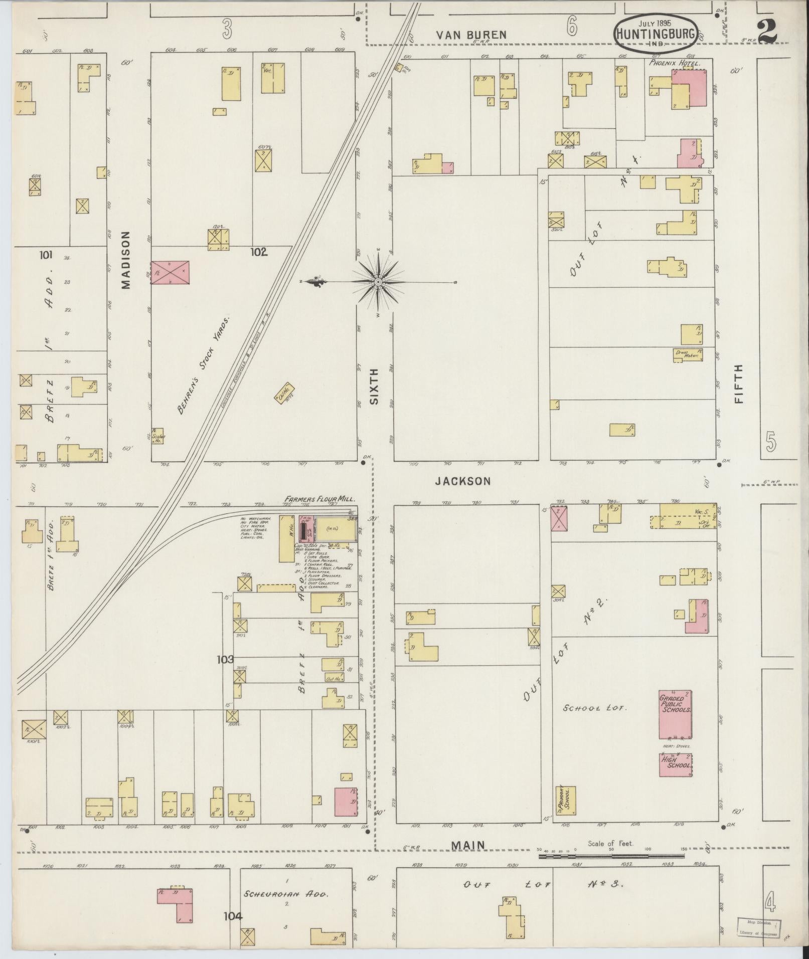 Sanborn Fire Insurance Map from Huntingburg, Dubois County, Indiana (1895), Sheet #0002 - Complete Map Set gallery image, historic Sanborn map, vintage wall art, Indiana Indiana