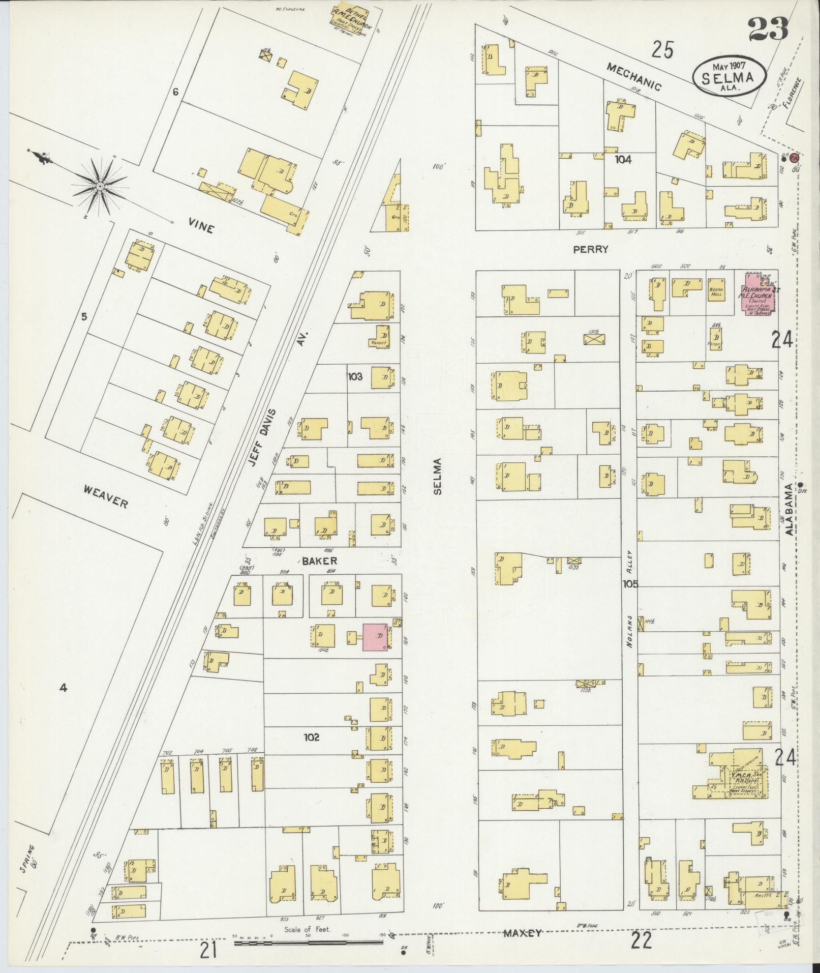 Sanborn Fire Insurance Map from Selma, Dallas County, Alabama (1907), Sheet #0023 - Complete Map Set gallery image, historic Sanborn map, vintage wall art, Alabama Alabama