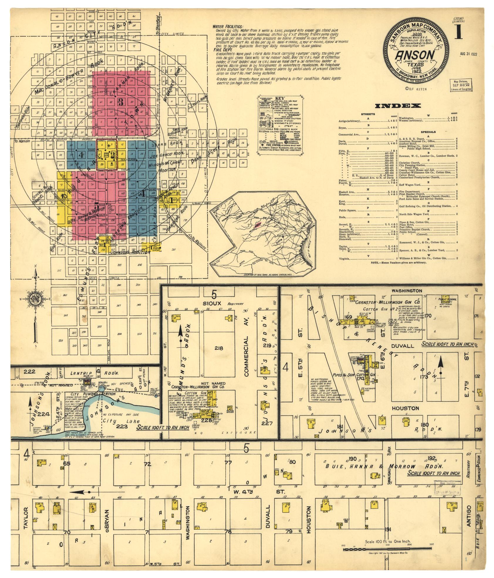 Sanborn Fire Insurance Map from Anson, Jones County, Texas (1922), Sheet #0001 - Historic Sanborn Fire Insurance Map Print, vintage old map wall art, antique decor, genealogy gift, Texas Texas map