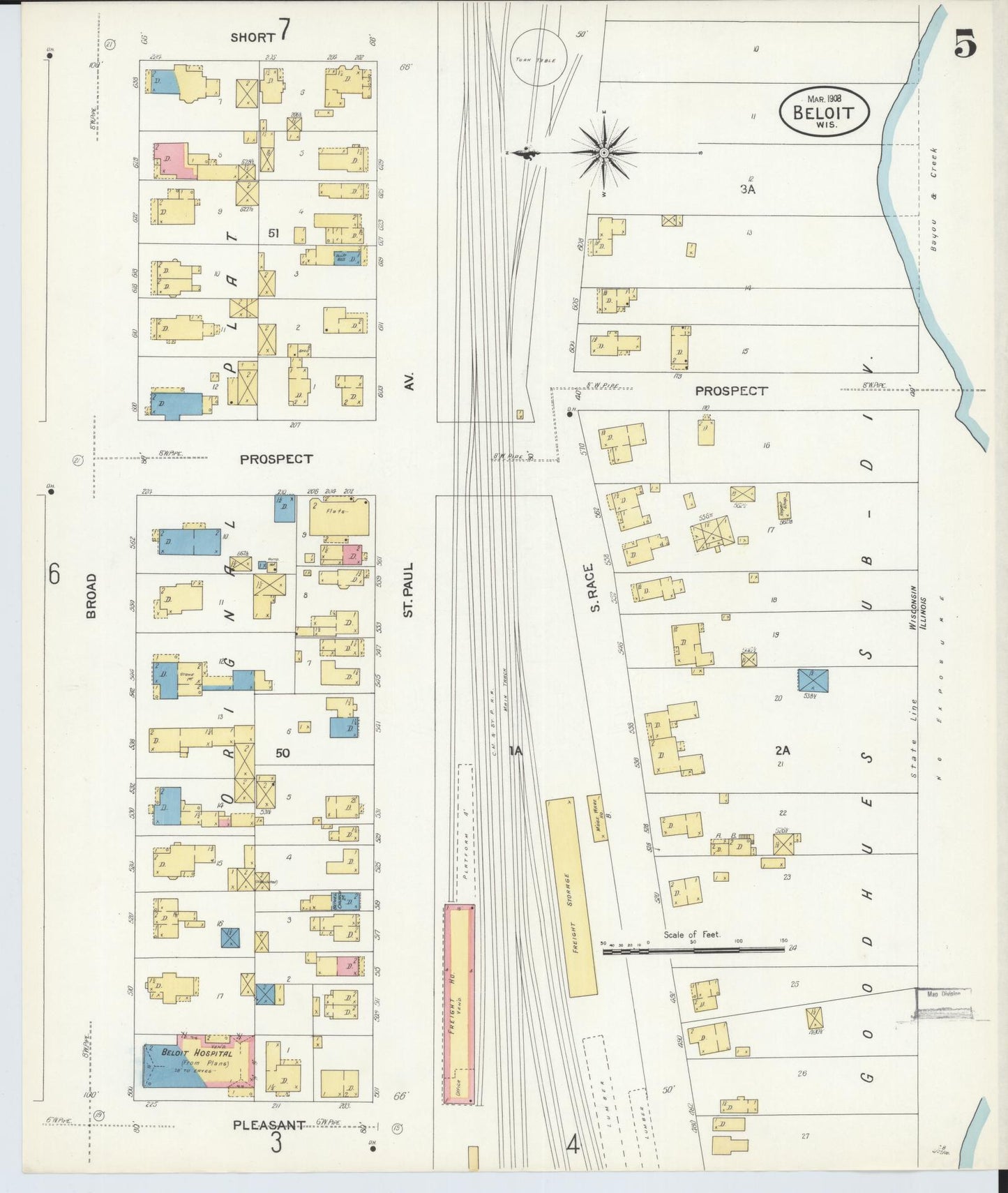 Sanborn Fire Insurance Map from Beloit, Rock County, Wisconsin (1908), Sheet #0005 - Historic Sanborn Fire Insurance Map Print, vintage old map wall art, antique decor, genealogy gift, Wisconsin Wisconsin map