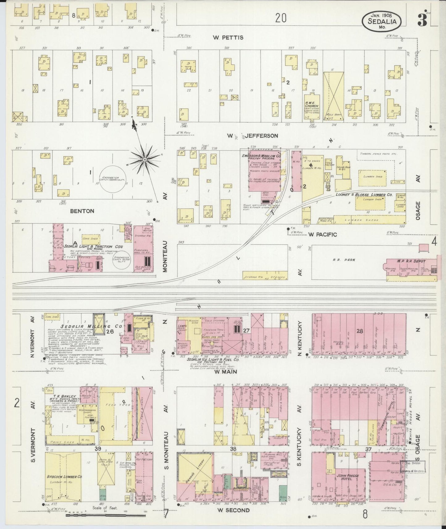 Sanborn Fire Insurance Map from Sedalia, Pettis County, Missouri (1908), Sheet #0003 - Historic Sanborn Fire Insurance Map Print, vintage old map wall art, antique decor, genealogy gift, Missouri Missouri map