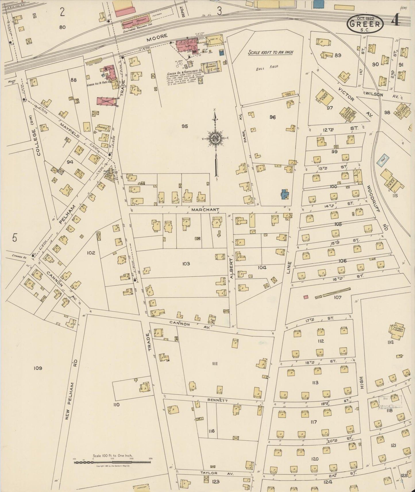 Sanborn Fire Insurance Map from Greer, Greenville and Spartanburg Counties, South Carolina (1922), Sheet #0004 - Complete Map Set gallery image, historic Sanborn map, vintage wall art, South Carolina South Carolina
