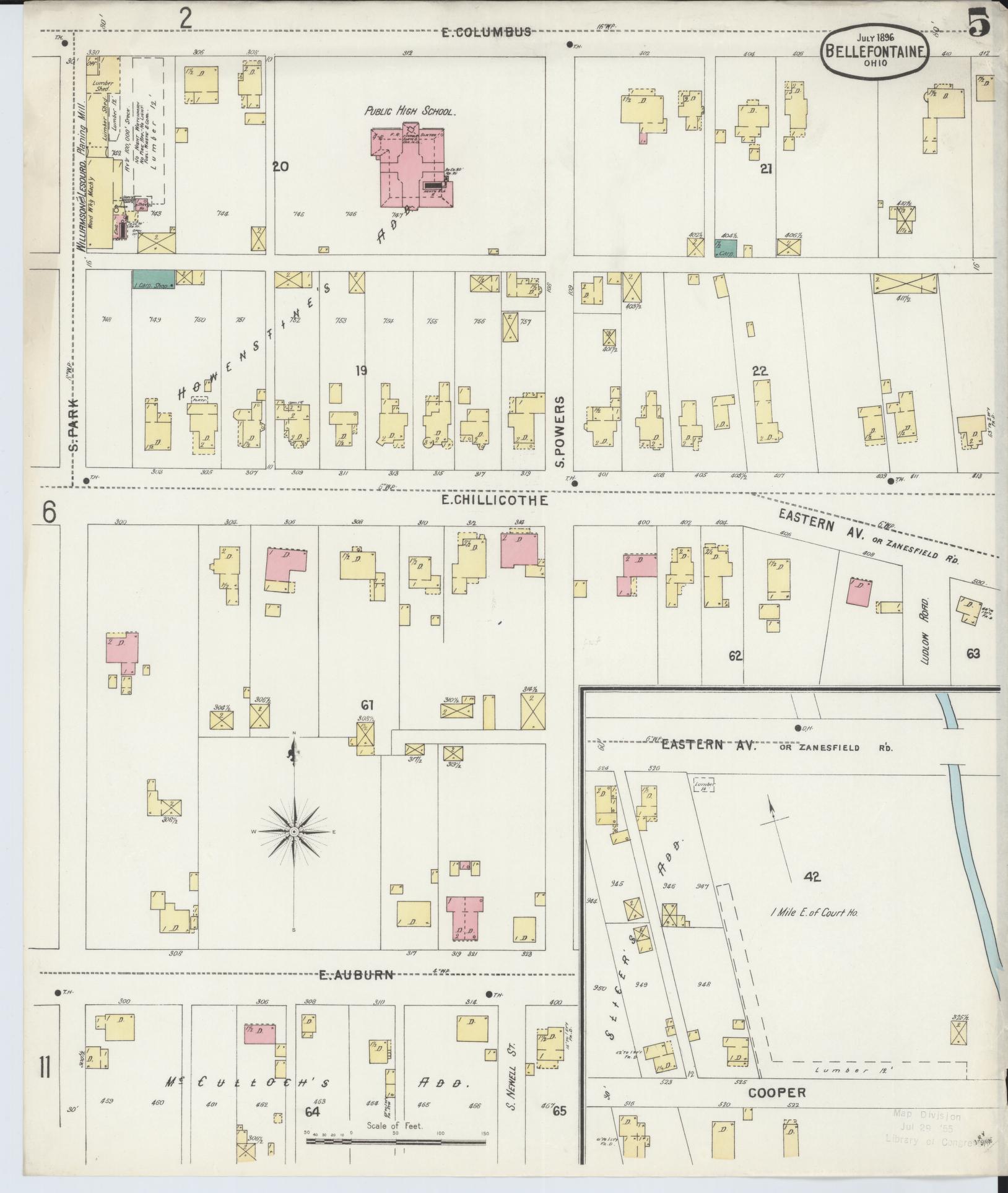 Sanborn Fire Insurance Map from Bellefontaine, Logan County, Ohio (1896), Sheet #0005 - Complete Map Set gallery image, historic Sanborn map, vintage wall art, Ohio Ohio