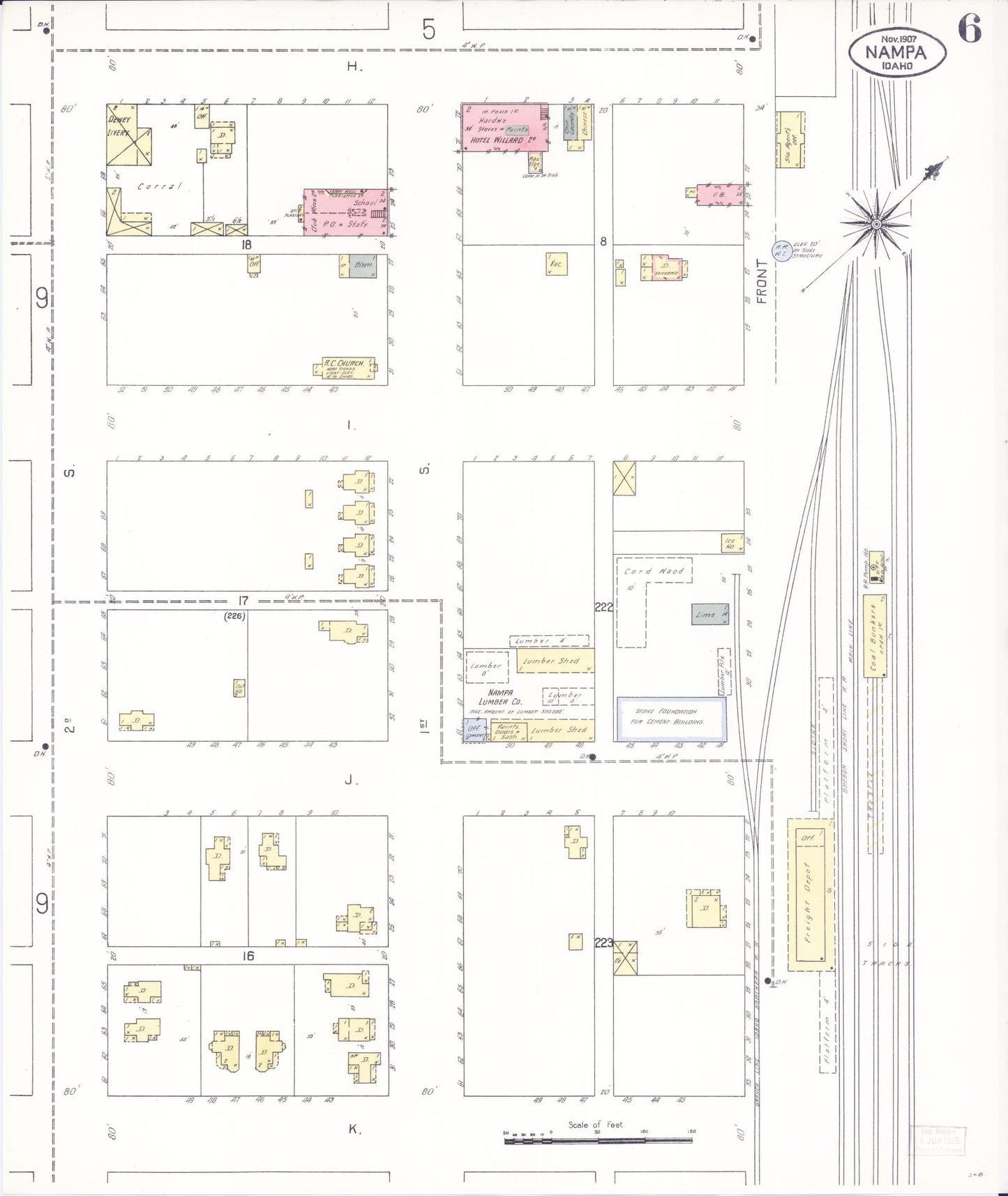 Sanborn Fire Insurance Map from Nampa, Canyon County, Idaho (1907), Sheet #0006 - Complete Map Set gallery image, historic Sanborn map, vintage wall art, Idaho Idaho