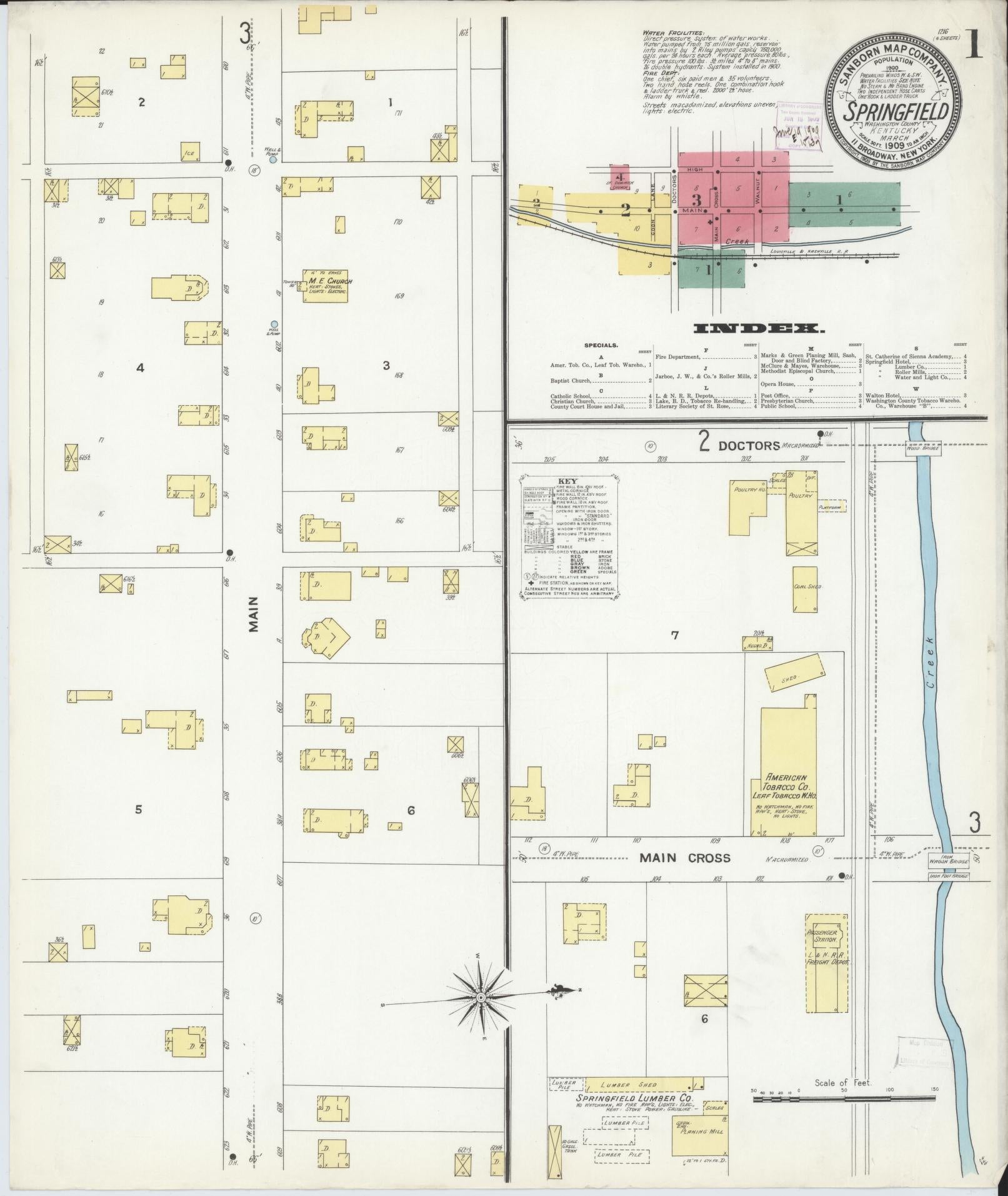 Sanborn Fire Insurance Map from Springfield, Washington County, Kentucky (1909), Sheet #0001 - Historic Sanborn Fire Insurance Map Print, vintage old map wall art, antique decor, genealogy gift, Kentucky Kentucky map