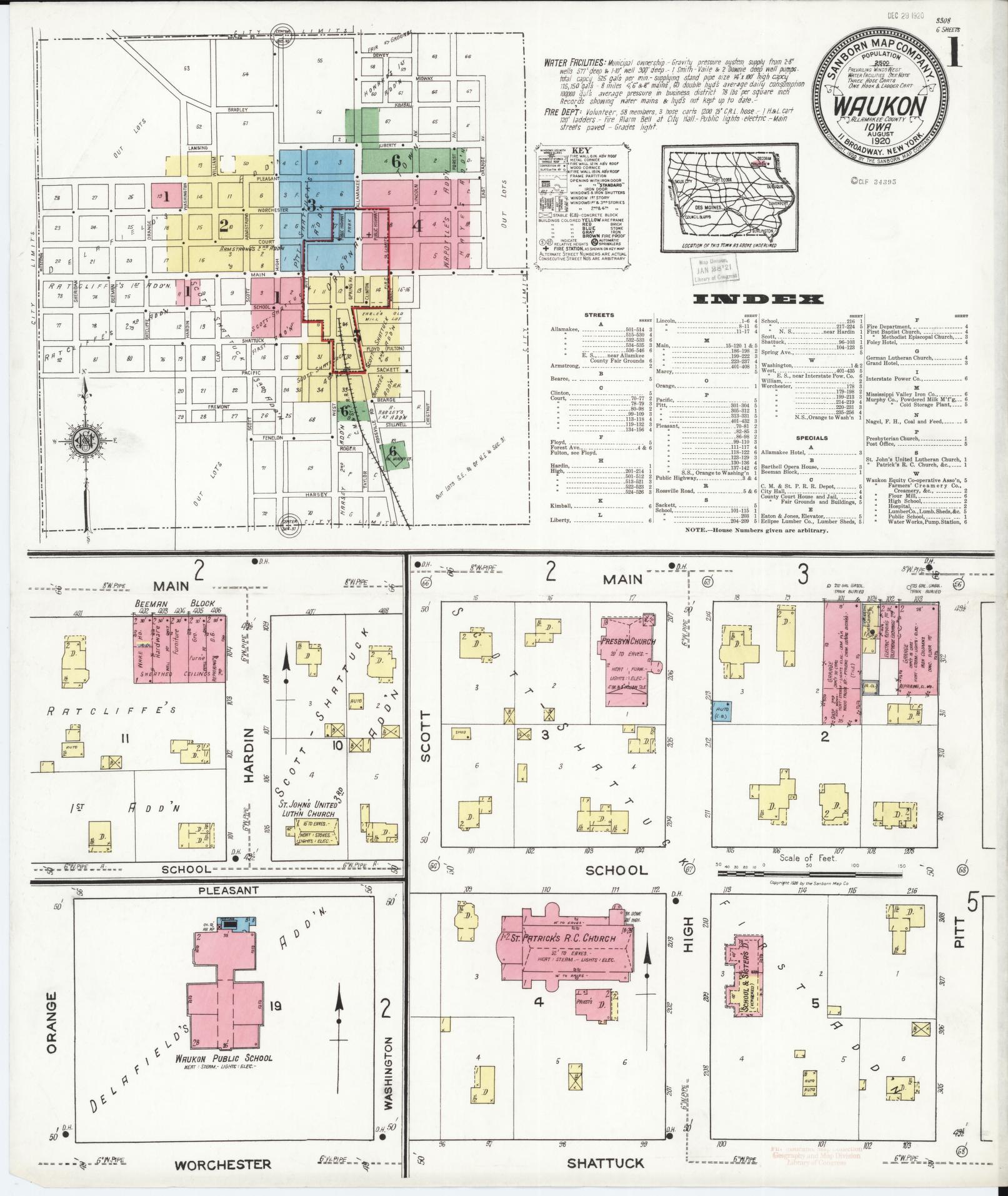 Sanborn Fire Insurance Map from Waukon, Allamakee County, Iowa (1920), Sheet #0001 - Historic Sanborn Fire Insurance Map Print