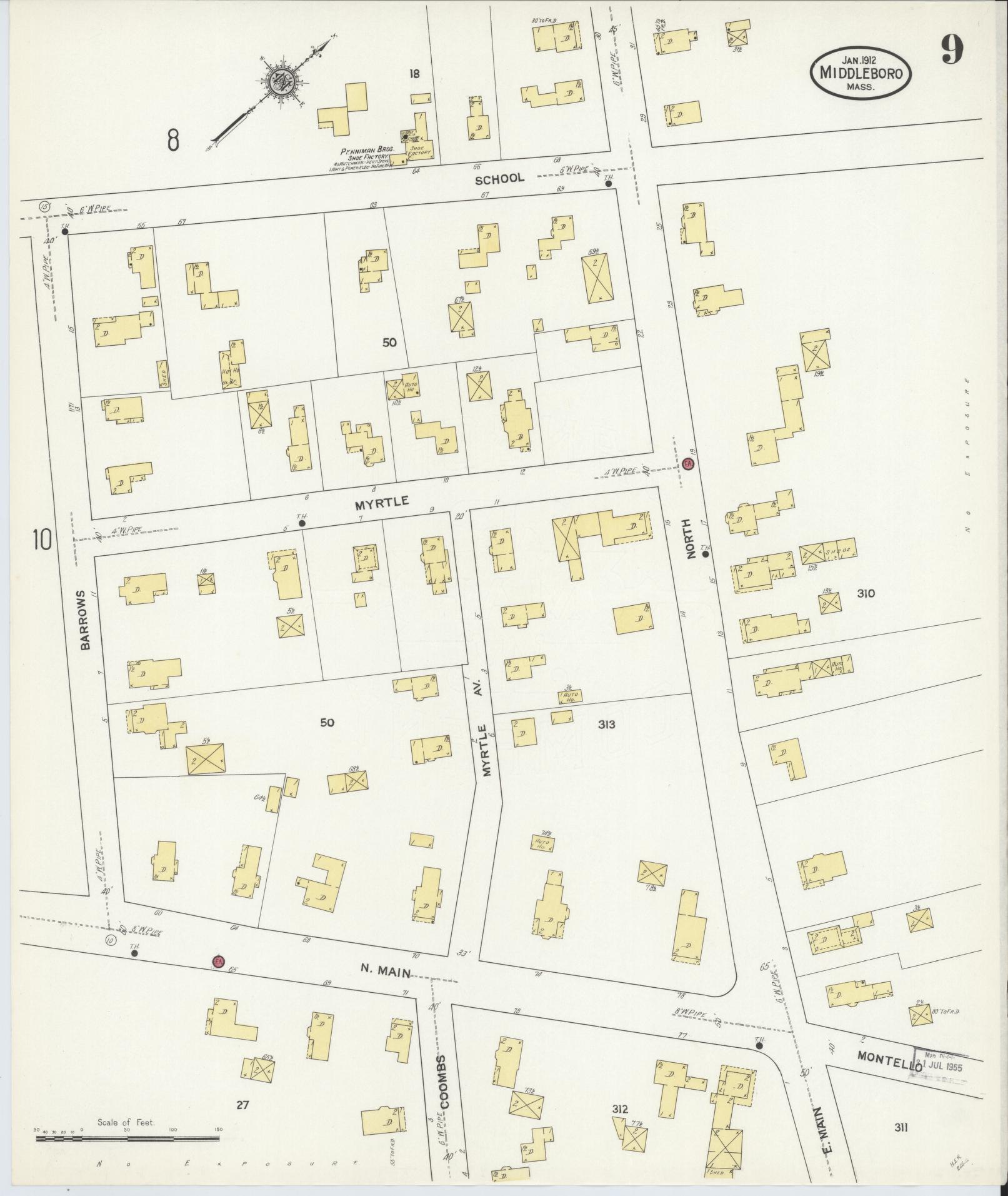 Sanborn Fire Insurance Map from Middleboro, Plymouth County, Massachusetts (1912), Sheet #0009 - Complete Map Set gallery image, historic Sanborn map, vintage wall art, Massachusetts Massachusetts