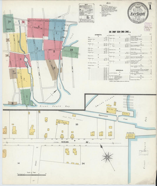 Sanborn Fire Insurance Map from Bay Shore, Suffolk County, New York (1902), Sheet #0001 - Historic Sanborn Fire Insurance Map Print, vintage old map wall art, antique decor, genealogy gift, New York New York map