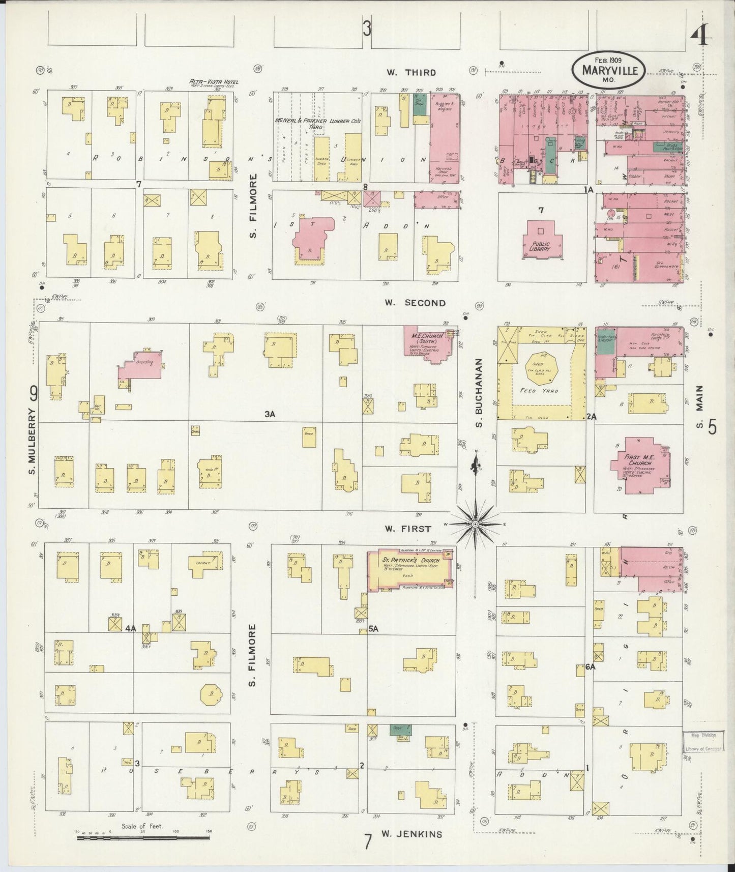 Sanborn Fire Insurance Map from Maryville, Nodaway County, Missouri (1909), Sheet #0004 - Historic Sanborn Fire Insurance Map Print, vintage old map wall art, antique decor, genealogy gift, Missouri Missouri map
