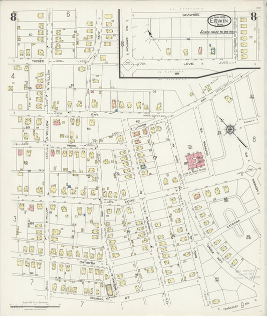 Sanborn Fire Insurance Map from Erwin, Unicoi County, Tennessee (1925), Sheet #0008 - Historic Sanborn Fire Insurance Map Print, vintage old map wall art, antique decor, genealogy gift, Tennessee Tennessee map