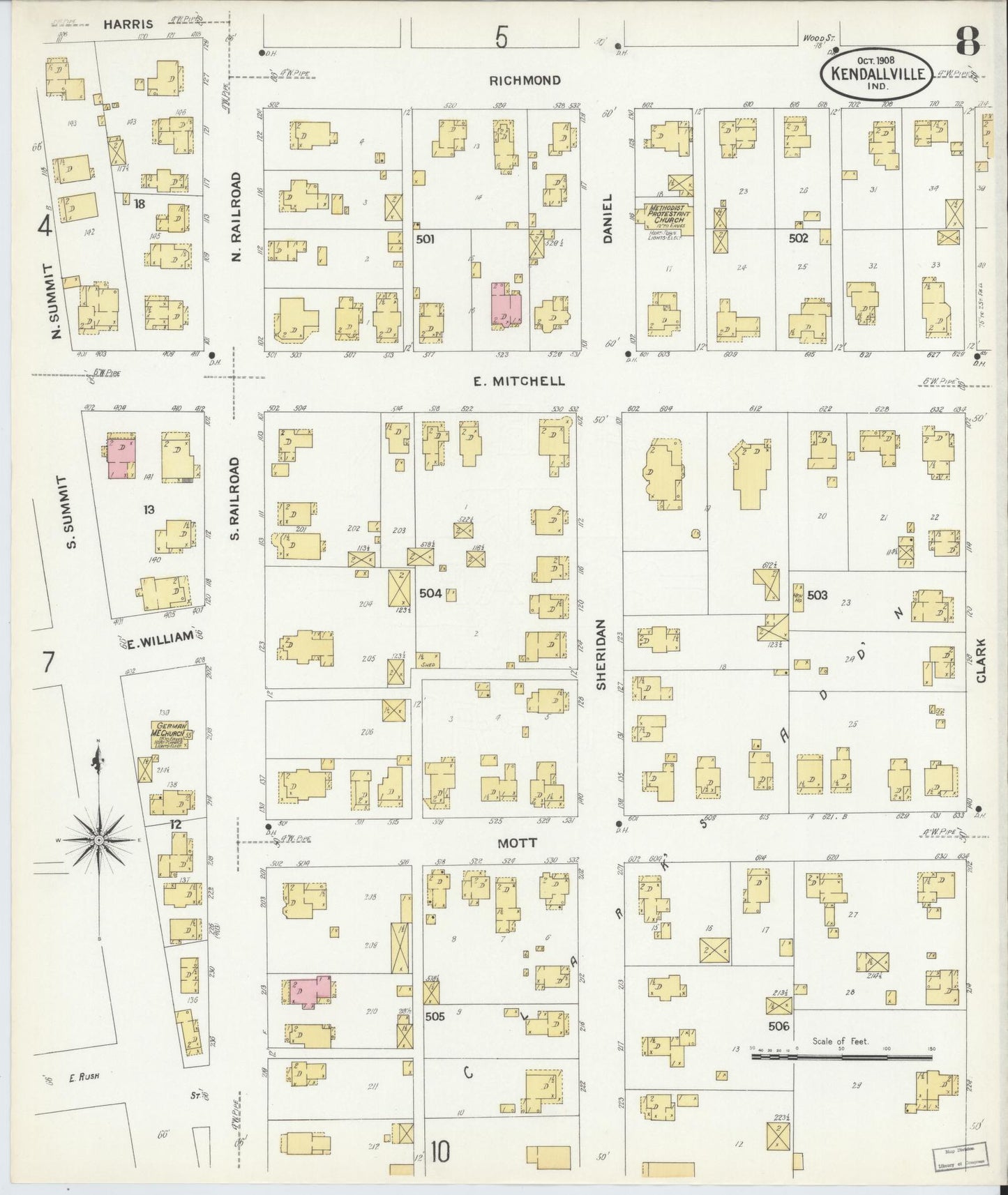Sanborn Fire Insurance Map from Kendallville, Noble County, Indiana (1908), Sheet #0008 - Complete Map Set gallery image, historic Sanborn map, vintage wall art, Indiana Indiana