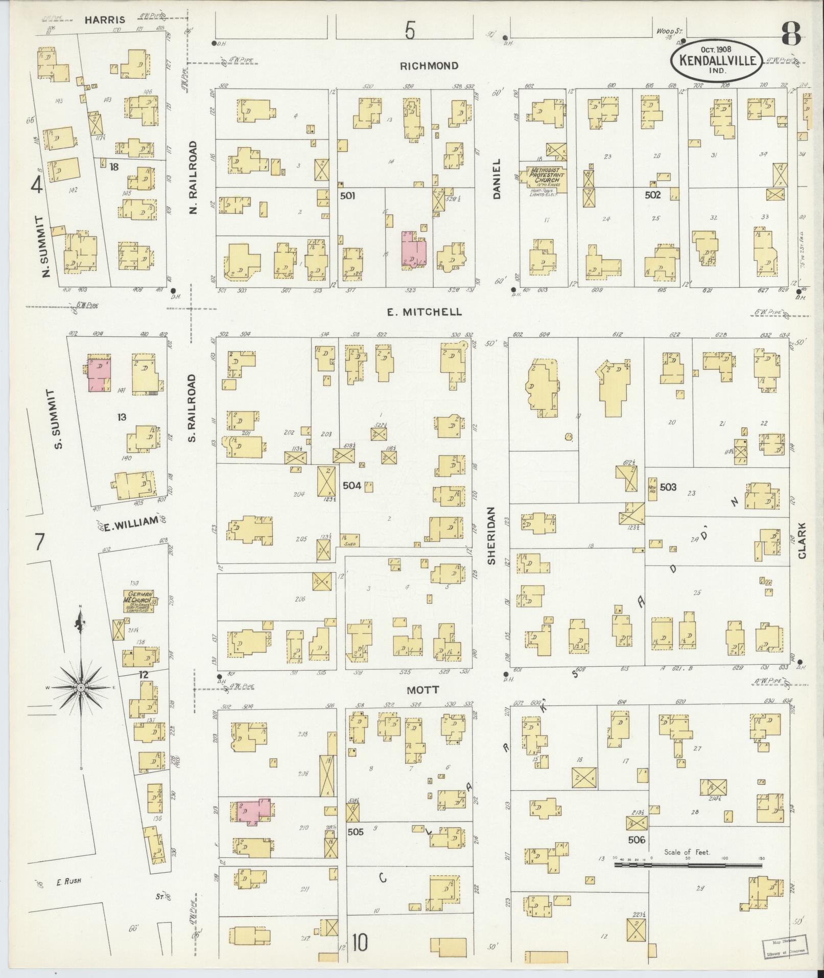 Sanborn Fire Insurance Map from Kendallville, Noble County, Indiana (1908), Sheet #0008 - Complete Map Set gallery image, historic Sanborn map, vintage wall art, Indiana Indiana