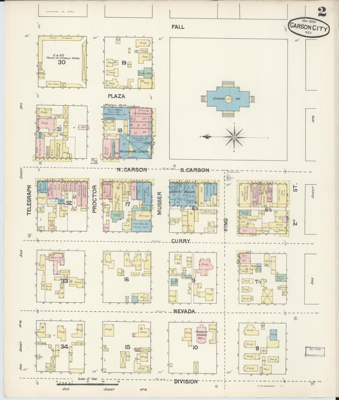 Sanborn Fire Insurance Map from Carson City, Carson City County, Nevada (1890), Sheet #0002 - Complete Map Set gallery image, historic Sanborn map, vintage wall art, Nevada Nevada