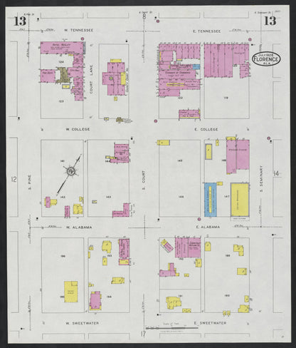 Sanborn Fire Insurance Map from Florence, Lauderdale County, Alabama (1928), Sheet #0013 - Complete Map Set gallery image, historic Sanborn map, vintage wall art, Alabama Alabama