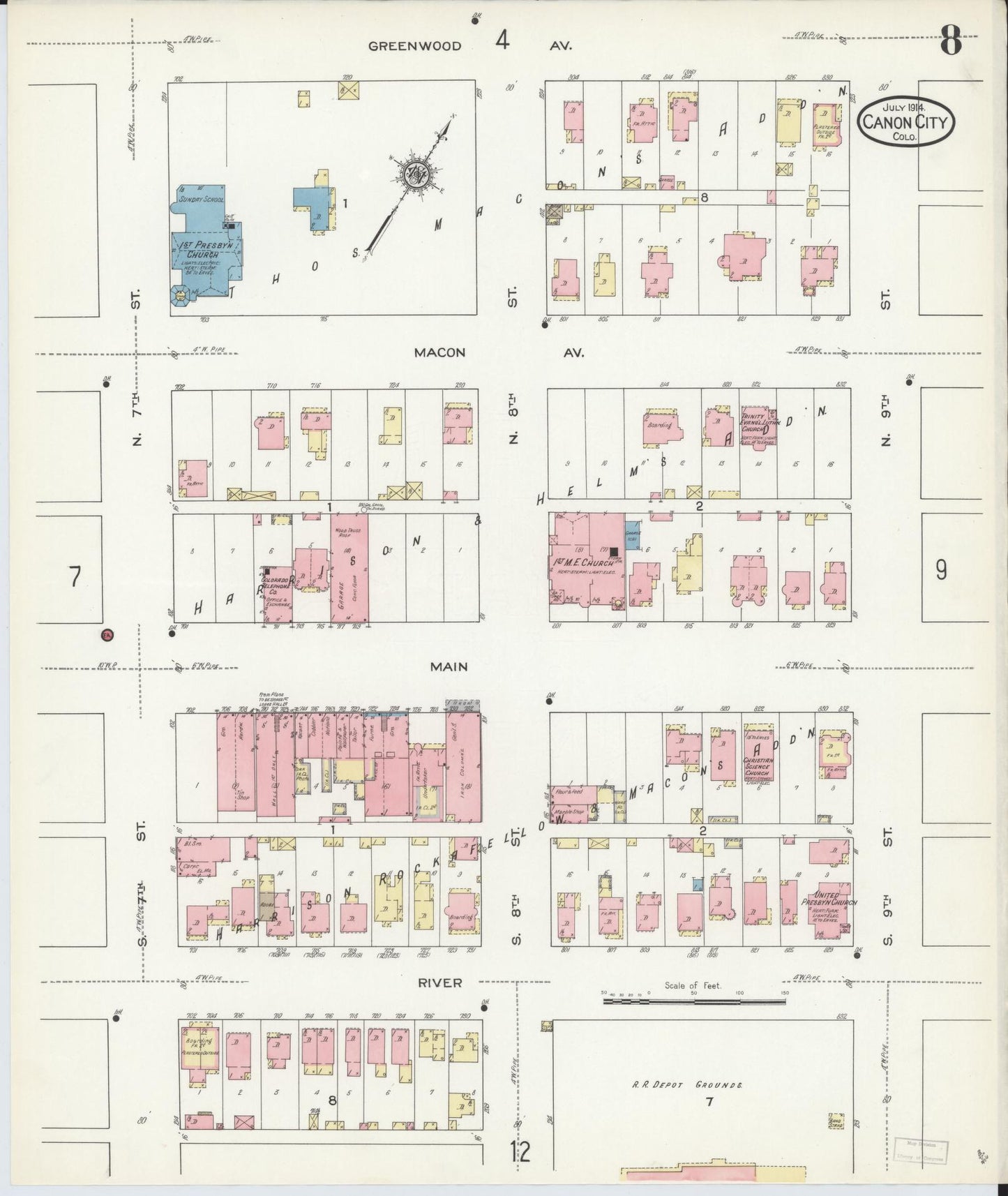 Sanborn Fire Insurance Map from Canon City, Fremont County, Colorado (1914), Sheet #0008 - Historic Sanborn Fire Insurance Map Print, vintage old map wall art, antique decor, genealogy gift, Colorado Colorado map