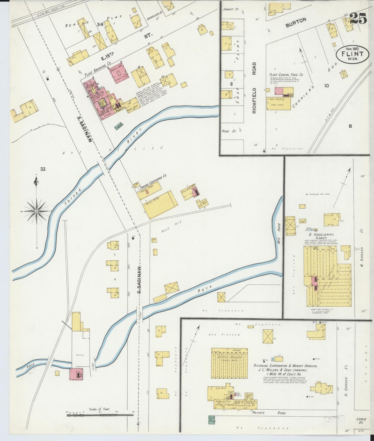 Sanborn Fire Insurance Map from Flint, Genesee County, Michigan (1902), Sheet #0025 - Historic Sanborn Fire Insurance Map Print, vintage old map wall art, antique decor, genealogy gift, Michigan Michigan map