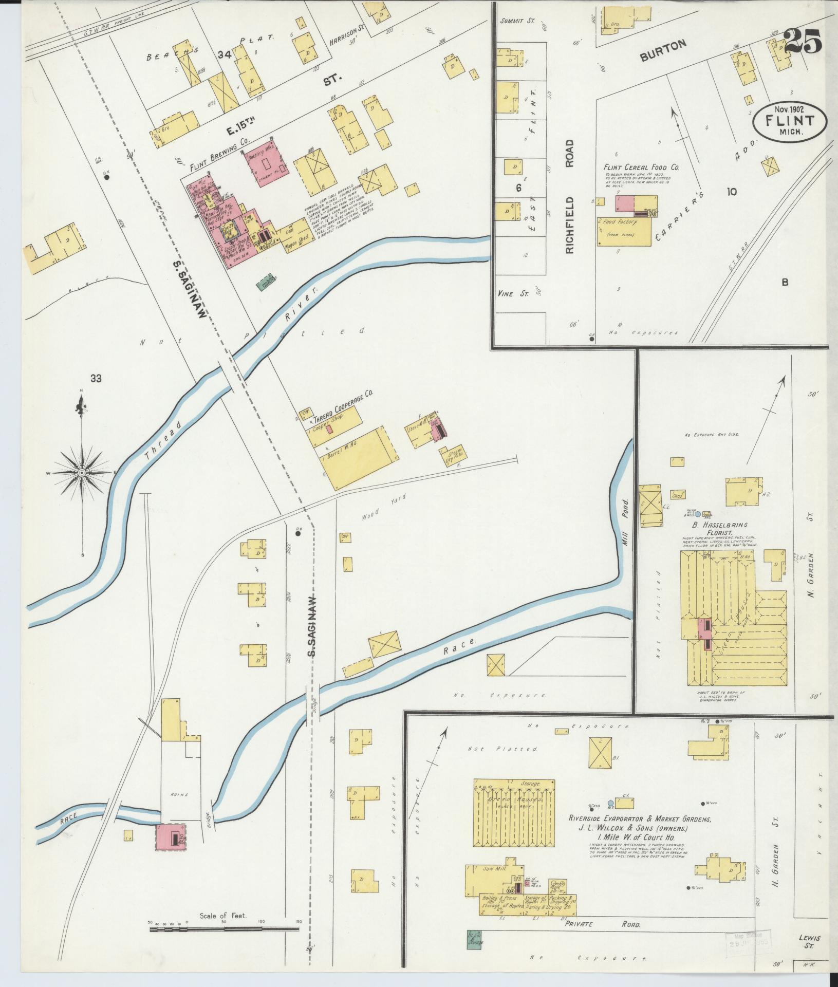 Sanborn Fire Insurance Map from Flint, Genesee County, Michigan (1902), Sheet #0025 - Historic Sanborn Fire Insurance Map Print, vintage old map wall art, antique decor, genealogy gift, Michigan Michigan map
