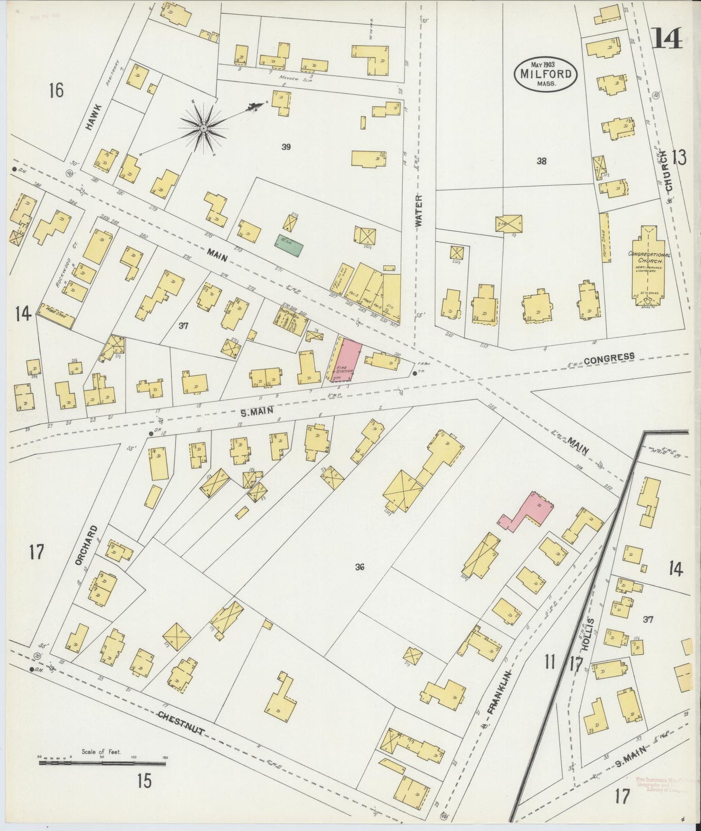 Sanborn Fire Insurance Map from Milford, Worcester County, Massachusetts (1903), Sheet #0014 - Historic Sanborn Fire Insurance Map Print, vintage old map wall art, antique decor, genealogy gift, Massachusetts Massachusetts map
