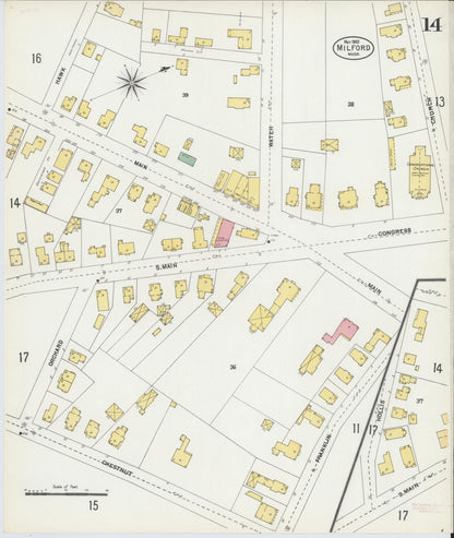Sanborn Fire Insurance Map from Milford, Worcester County, Massachusetts (1903), Sheet #0014 - Historic Sanborn Fire Insurance Map Print, vintage old map wall art, antique decor, genealogy gift, Massachusetts Massachusetts map