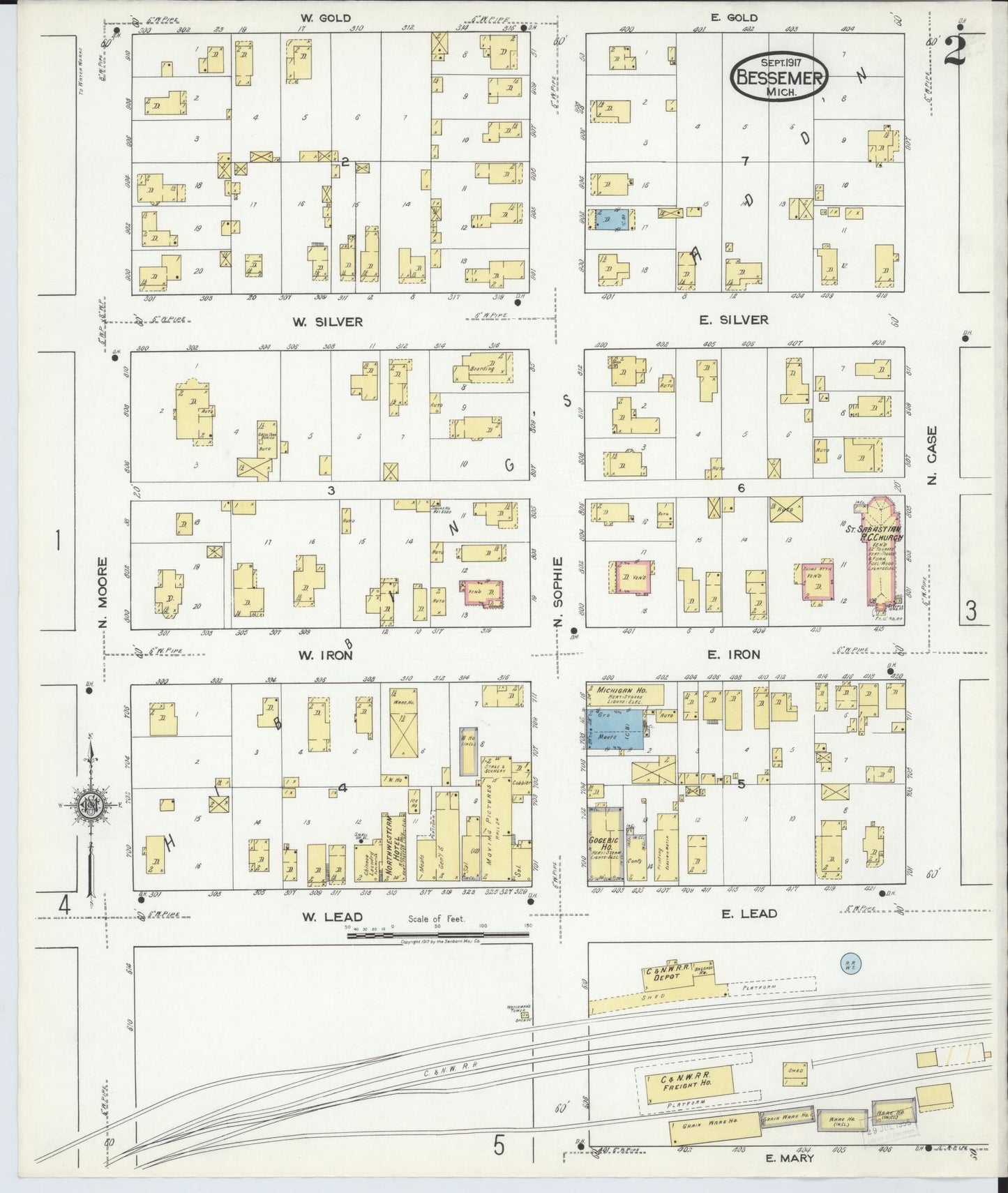 Sanborn Fire Insurance Map from Bessemer, Gogebic County, Michigan (1917), Sheet #0002 - Historic Sanborn Fire Insurance Map Print, vintage old map wall art, antique decor, genealogy gift, Michigan Michigan map