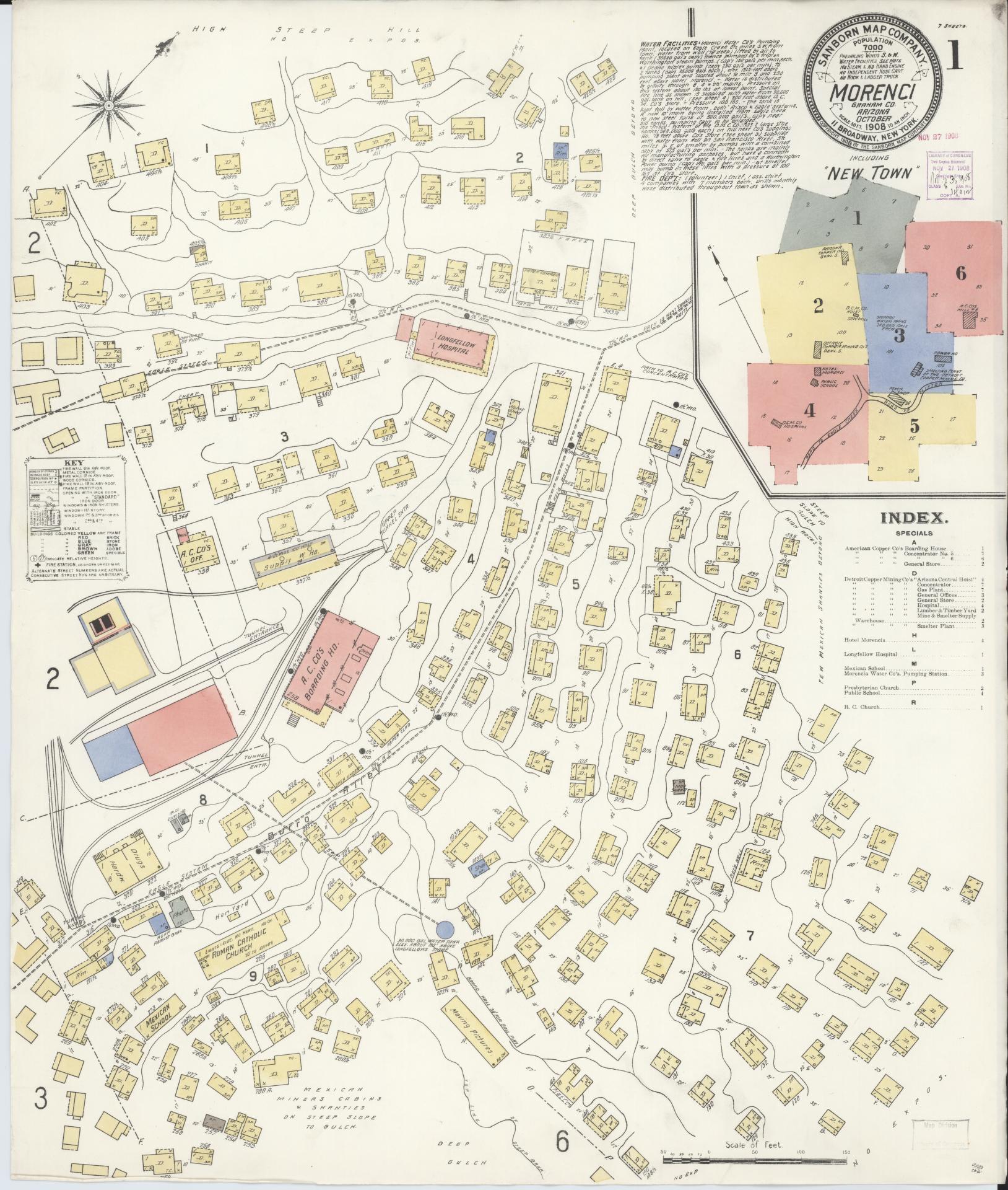 Sanborn Fire Insurance Map from Morenci, Greenlee County, Arizona (1908), Sheet #0001 - Historic Sanborn Fire Insurance Map Print, vintage old map wall art, antique decor, genealogy gift, Arizona Arizona map