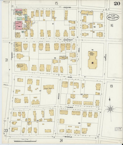 Sanborn Fire Insurance Map from Waltham, Middlesex County, Massachusetts (1897), Sheet #0020 - Historic Sanborn Fire Insurance Map Print, vintage old map wall art, antique decor, genealogy gift, Massachusetts Massachusetts map