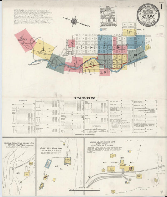 Sanborn Fire Insurance Map from Globe, Gila County, Arizona (1911), Sheet #0001 - Historic Sanborn Fire Insurance Map Print, vintage old map wall art, antique decor, genealogy gift, Arizona Arizona map