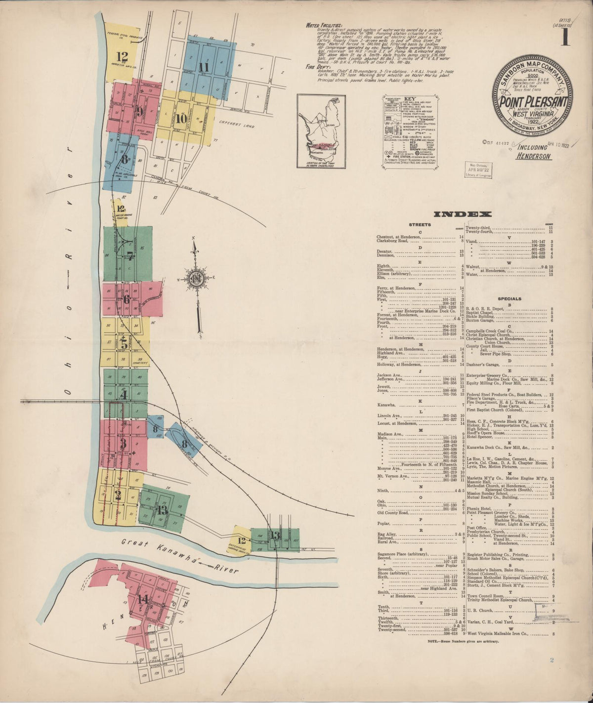 Sanborn Fire Insurance Map from Point Pleasant, Mason County, West Virginia (1922), Sheet #0001 - Historic Sanborn Fire Insurance Map Print, vintage old map wall art, antique decor, genealogy gift, West Virginia West Virginia map