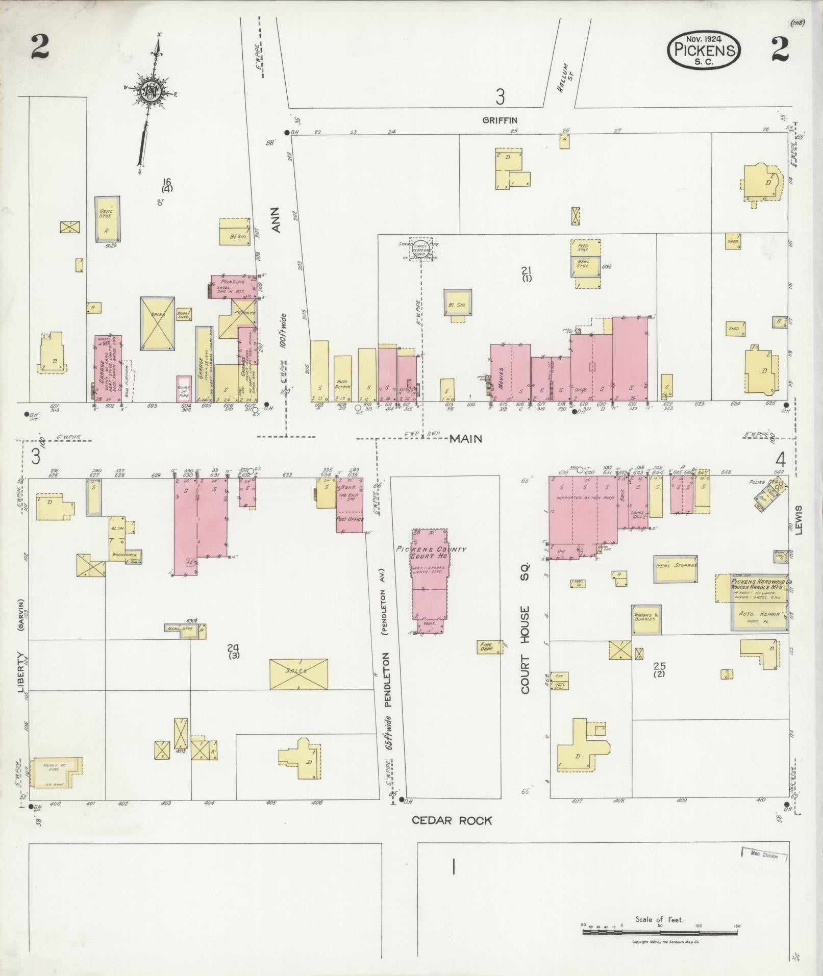 Sanborn Fire Insurance Map from Pickens, Pickens County, South Carolina (1924), Sheet #0002 - Complete Map Set gallery image, historic Sanborn map, vintage wall art, South Carolina South Carolina