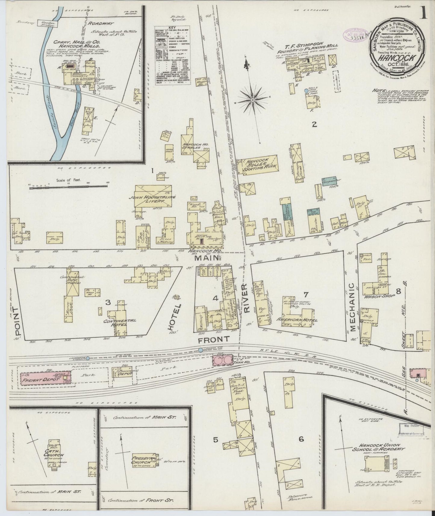 Sanborn Fire Insurance Map from Hancock, Delaware County, New York (1886), Sheet #0001 - Historic Sanborn Fire Insurance Map Print, vintage old map wall art, antique decor, genealogy gift, Hancock Delaware map